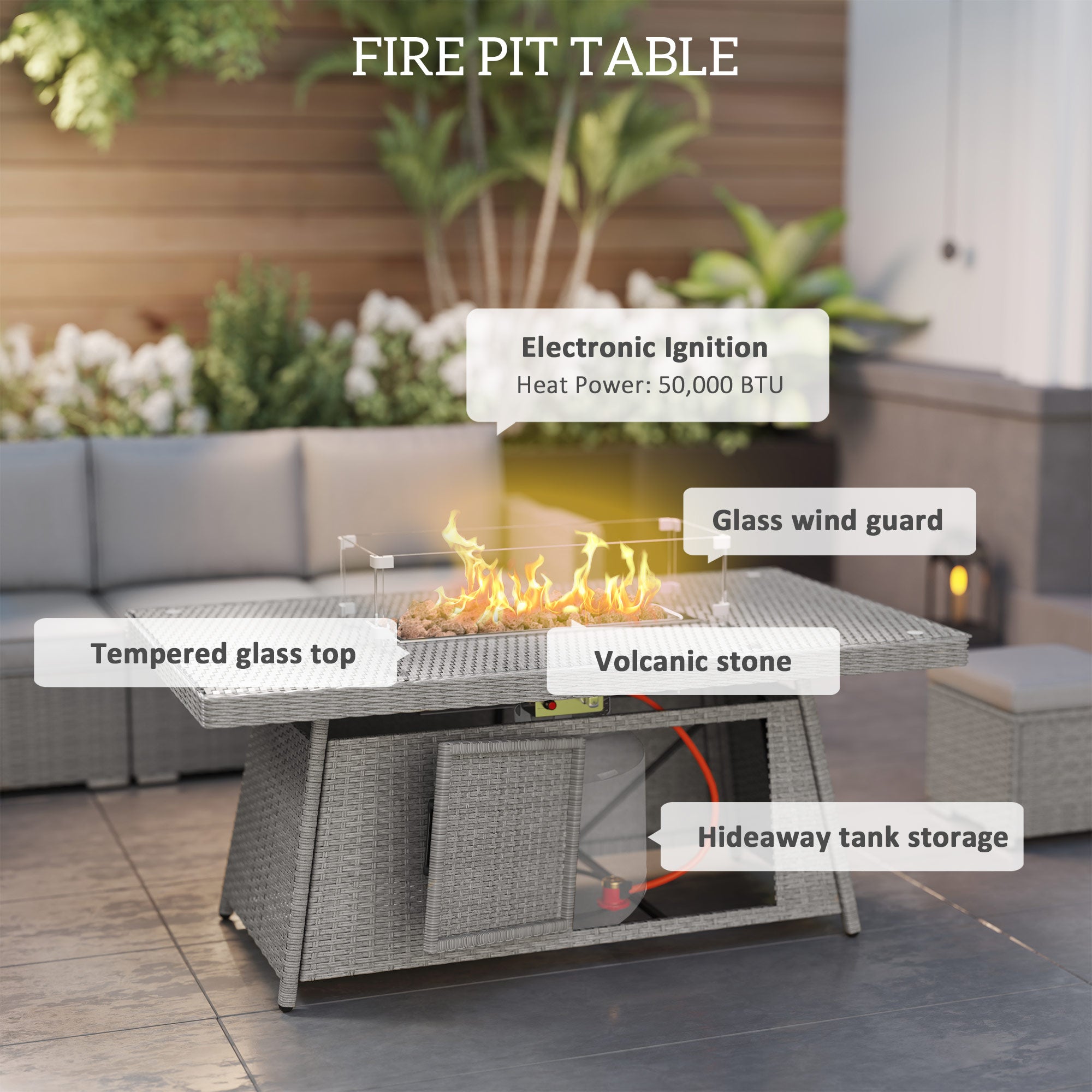 Outsunny 7 Pieces PE Rattan Garden Furniture Set, 50,000 BTU Gas Fire Pit Table, Double Corner Sofa and 3 Footstools, 6 Seater Furniture Sofa Sets with Cushions for Conservatory, Grey