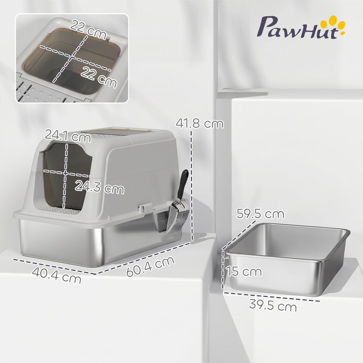 PawHut Extra Large Stainless Steel Litter Box, Enclosed Cat Litter Tray with Scoop, Deodorizer Bag, Front-Entry and Top-Exit