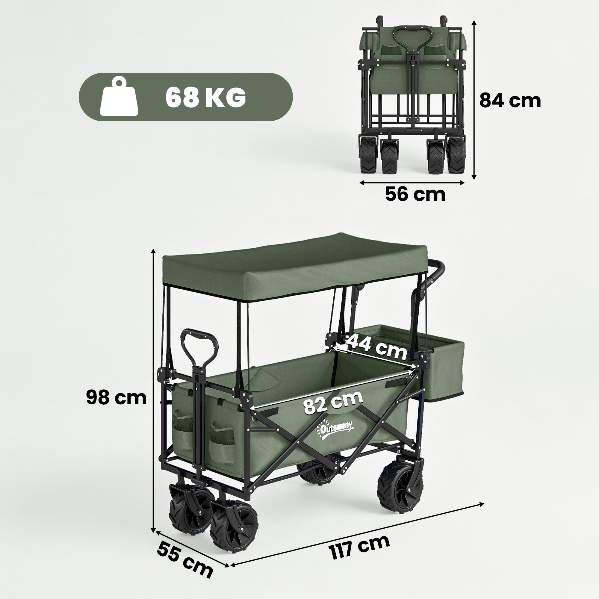 Outsunny Folding Trolley Cart Storage Wagon Beach Trailer 4 Wheels with Handle Overhead Canopy Cart Push Pull for Camping, Green