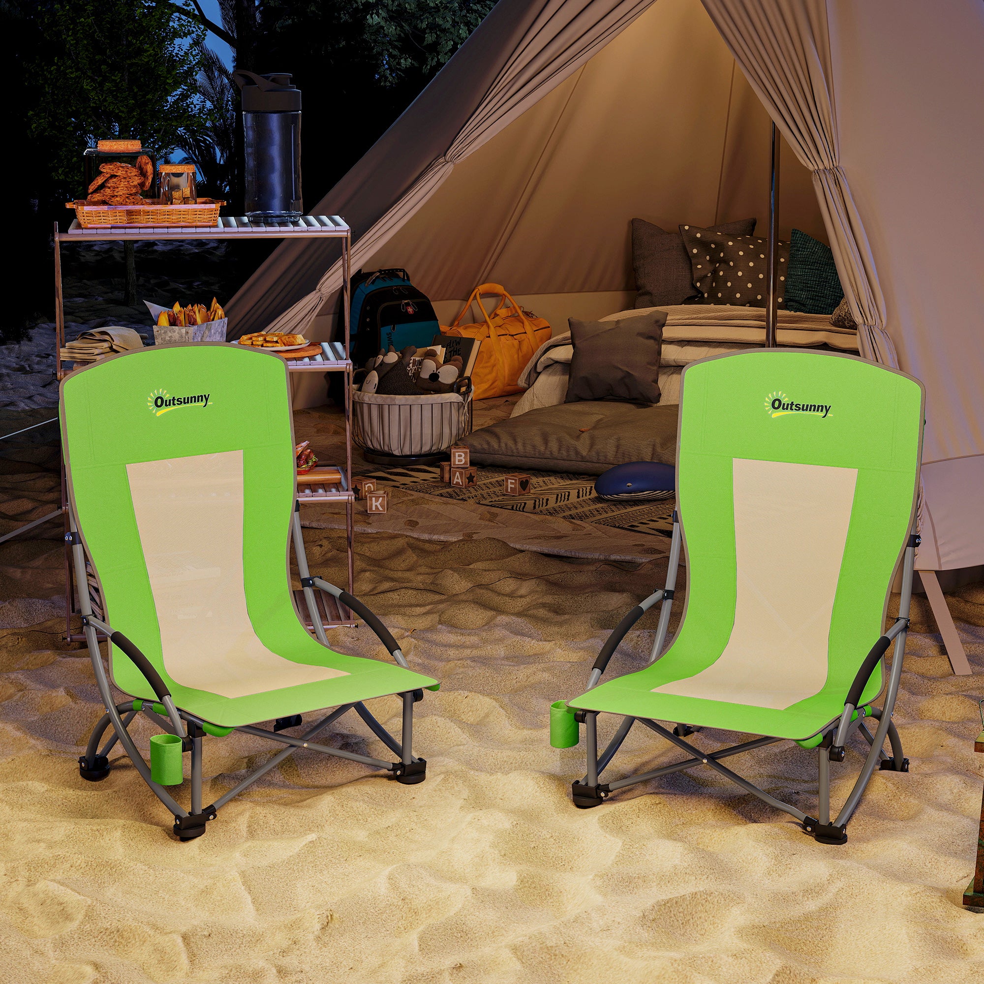 Outsunny Set of 2 Folding Beach Chair, Low Camping Chair with Mesh Back, Carry Bag and Cup Holder for Garden Outdoor Picnic Festival Travel, Green - North Peak Garden Furniture