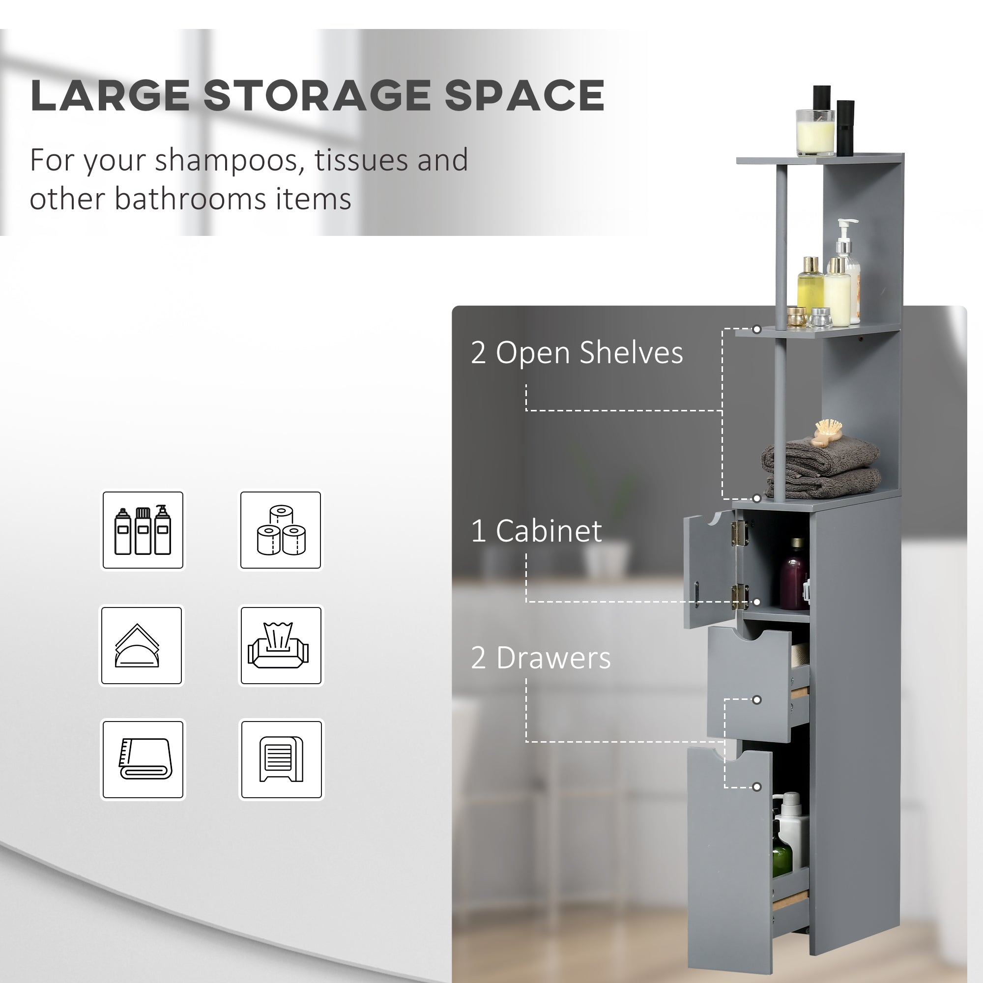 HOMCOM Tall Bathroom Cabinet, Freestanding Bathroom Storage Cabinet with 2-Tier Shelf and Drawers, Narrow Cupboard Storage Unit, Grey