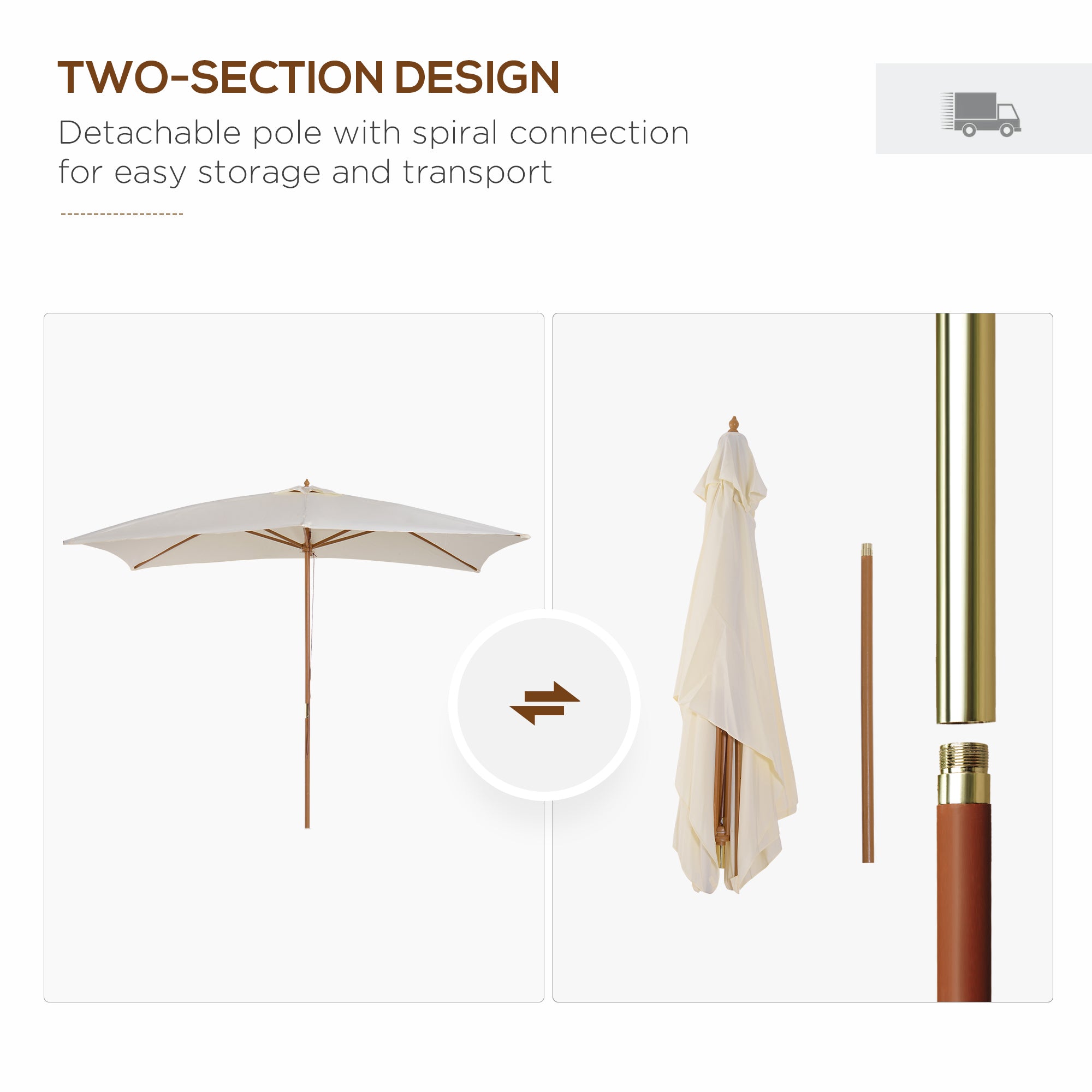 Outsunny 2 x 3m Wooden Garden Parasol Umbrella Outdoor Sun Shade Canopy, Cream White - North Peak Garden Furniture