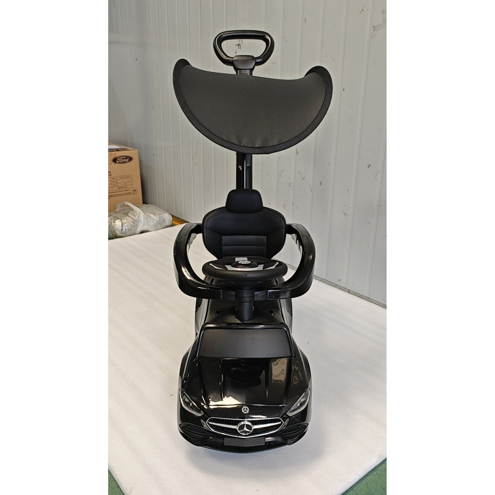 AIYAPLAY 3 in 1 Licensed Benz Ride on Push Car with Handle, Canopy, Guardrails, Horn, Music, Storage for 12-36 Months, Black