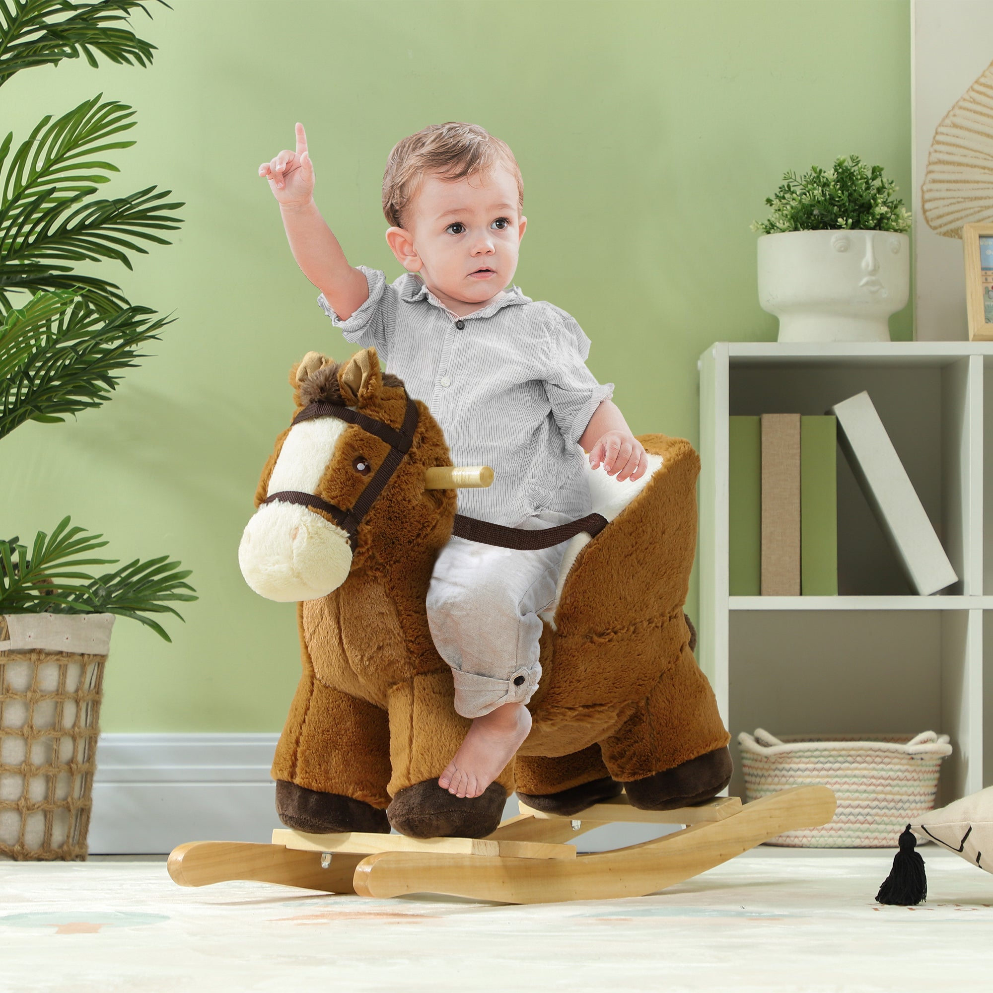 AIYAPLAY Kids Rocking Horse, Plush Ride on Horse, with Sound, Wood Base, for Ages 18-36 Months, Brown - North Peak Garden Furniture