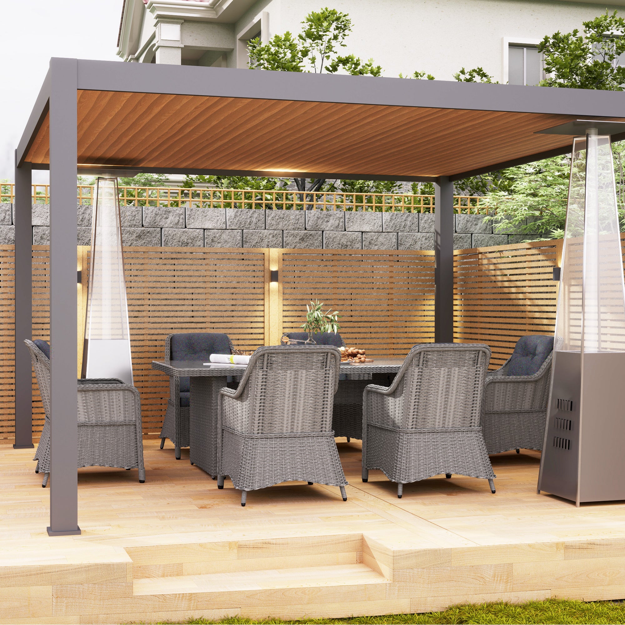 Outsunny 6 Seater Rattan Dining Set, Round PE Rattan Garden Furniture Set with Seat and Back Cushions, Aluminium Outdoor Dining Table and Chairs with 6 Armchairs, Rectangular Glass Top Table, Grey - North Peak Garden Furniture
