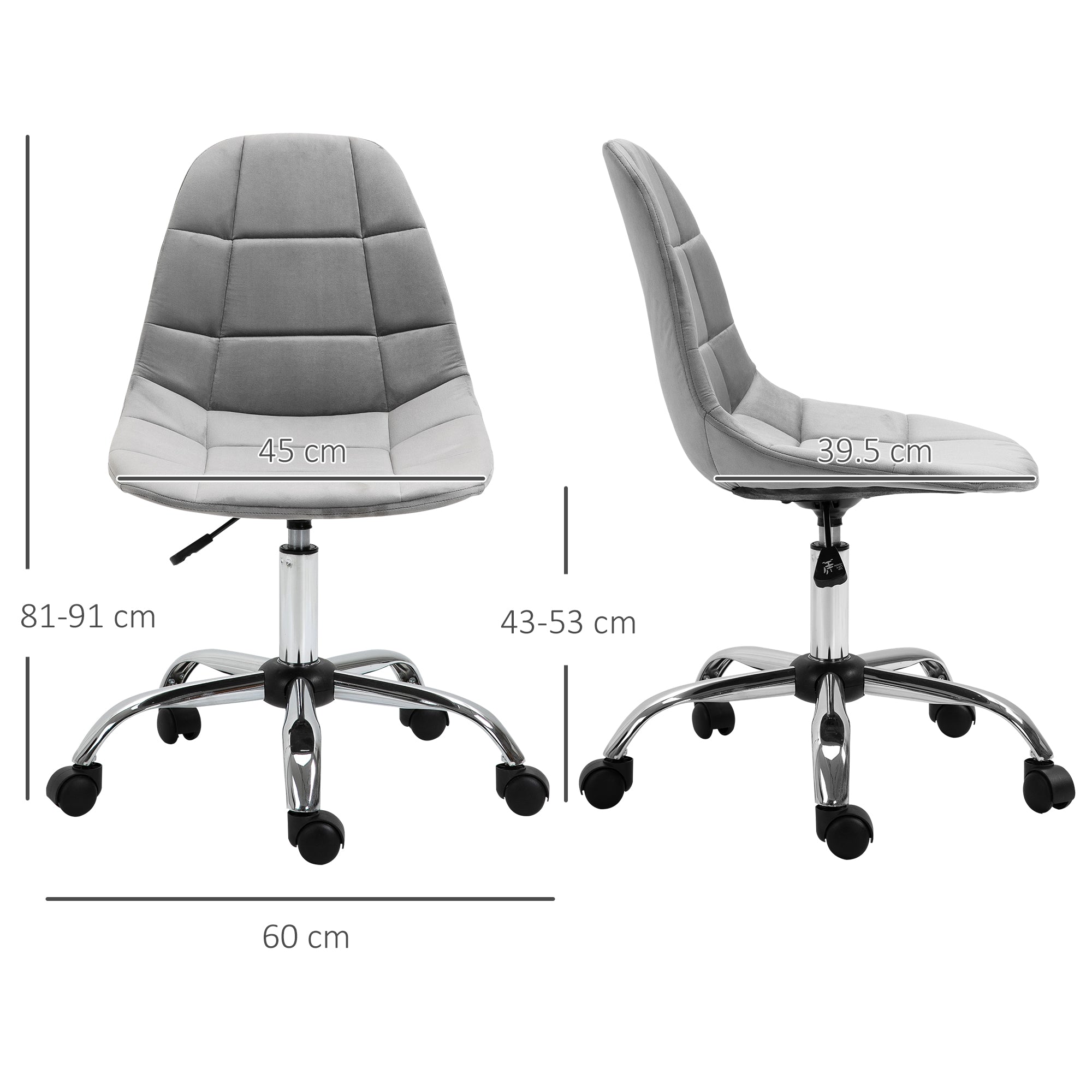 Vinsetto Ergonomic Office Chair with Adjustable Height and Wheels Velvet Executive Chair Armless for Home Study Bedroom Grey - North Peak Garden Furniture
