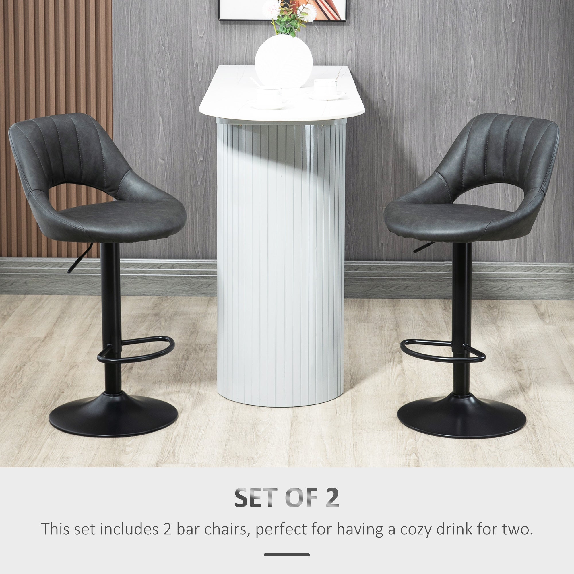 HOMCOM Barstools Set of 2 Adjustable Swivel Height Gas Lift PU Leather Counter Chairs with Footrest - North Peak Garden Furniture