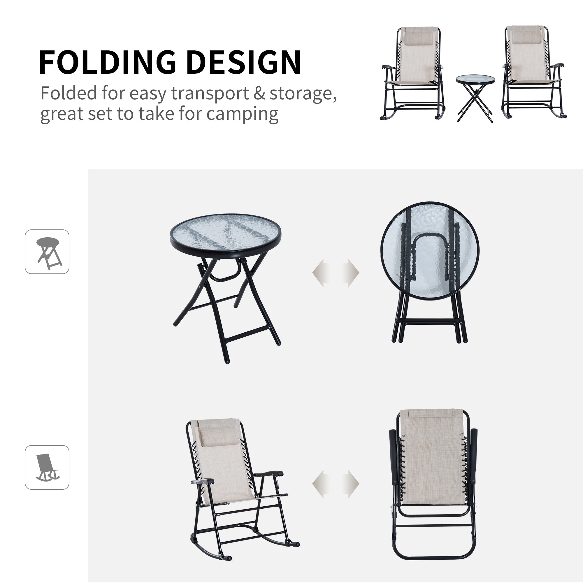 Outsunny 3 Piece Outdoor Rocking Set with 2 Folding Chairs and 1 Tempered Glass Table, Patio Bistro Set for Garden, Deck, Beige - North Peak Garden Furniture