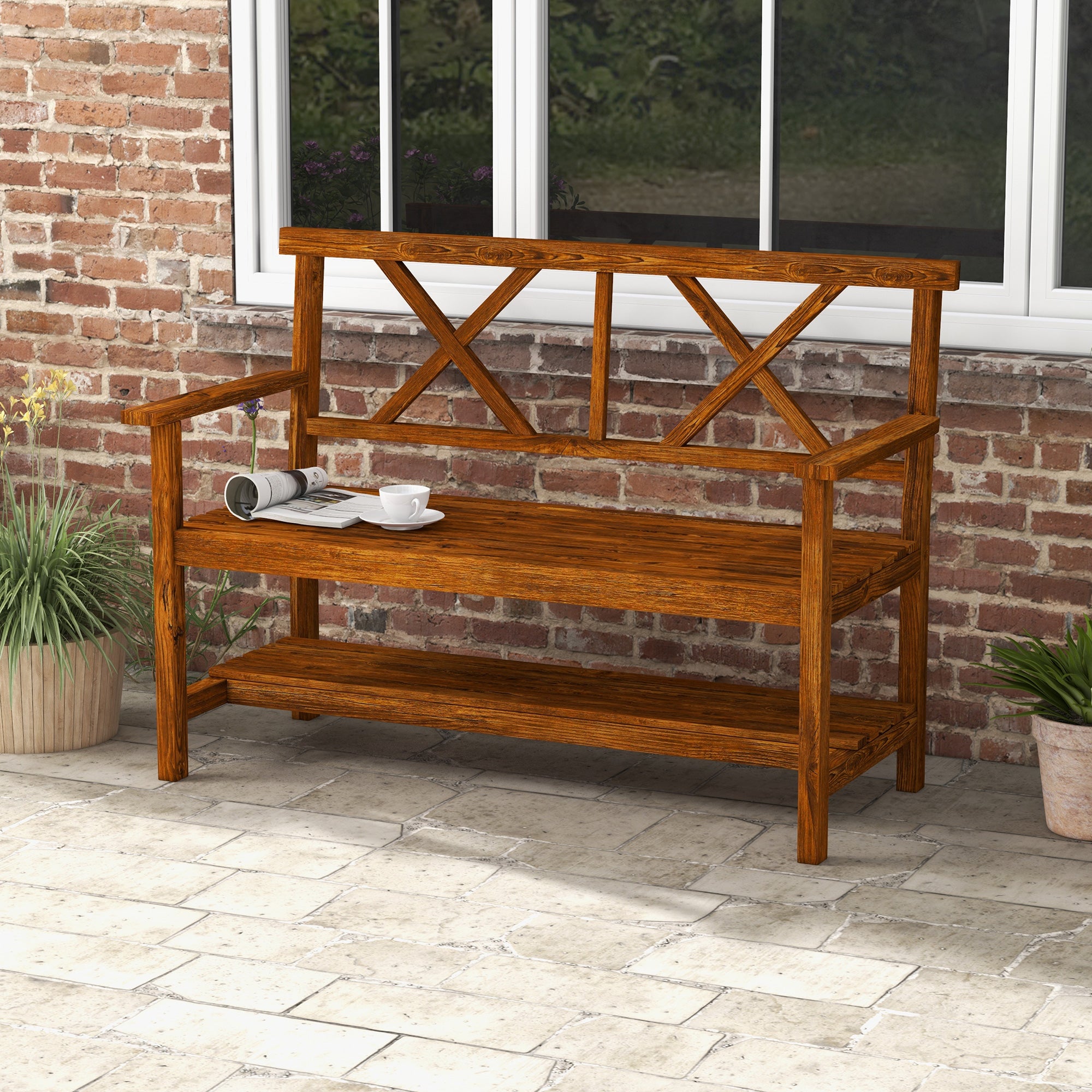 Outsunny Two-Seater Fir Wood Bench, with Bottom Shelf - Natural - North Peak Garden Furniture