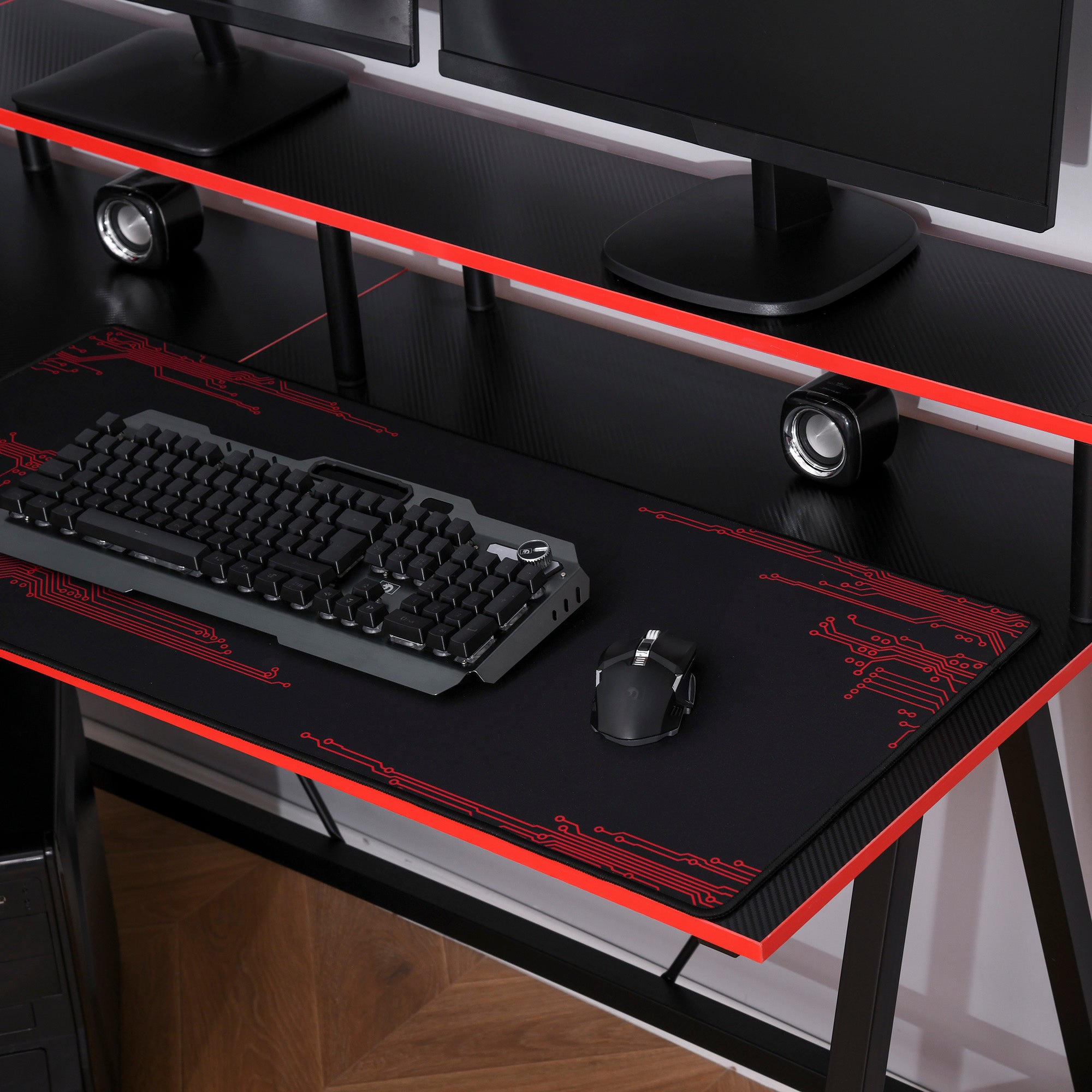HOMCOM L Shaped Gaming Desk, Corner Computer Desk with Monitor Stand for Home Office, 140 x 130 x 93cm, Black and Red - North Peak Garden Furniture