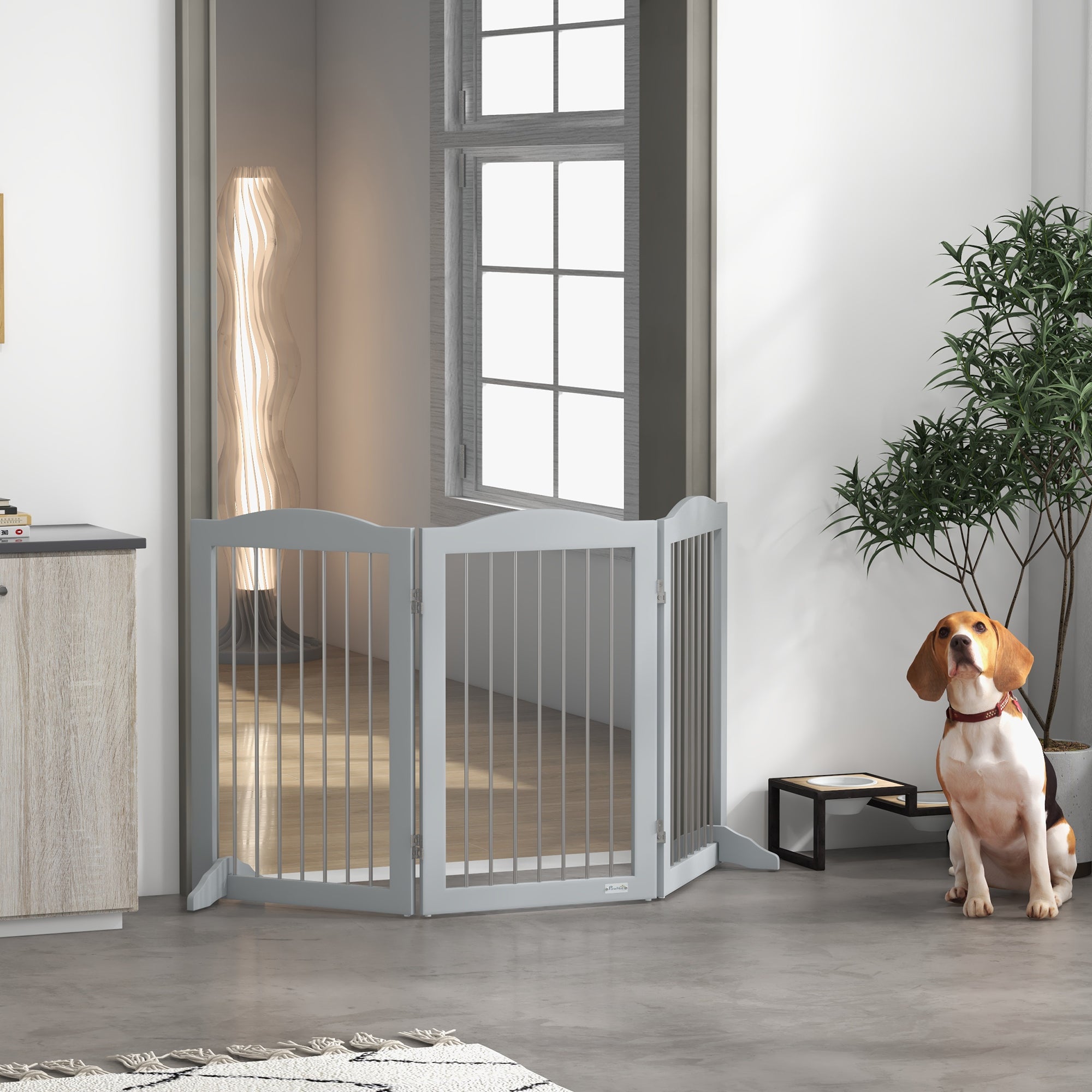 PawHut Foldable Dog Gate, Freestanding Pet Gate, with Two Support Feet, for Staircases, Hallways, Doorways - Grey - North Peak Garden Furniture