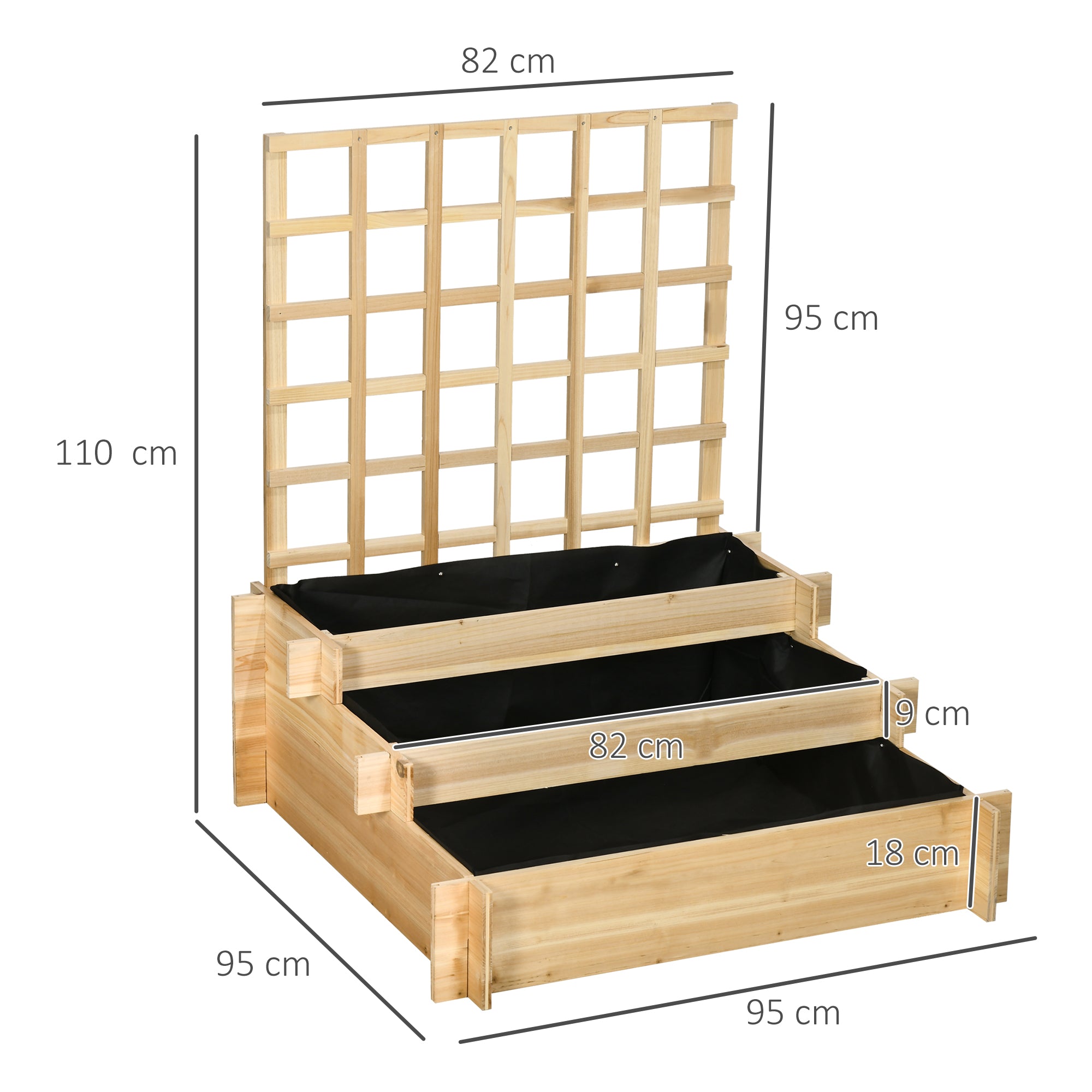 Outsunny 3 Tier Garden Planters with Trellis for Vine Climbing, Wooden Raised Beds, 95x95x110cm, Natural Tone - North Peak Garden Furniture