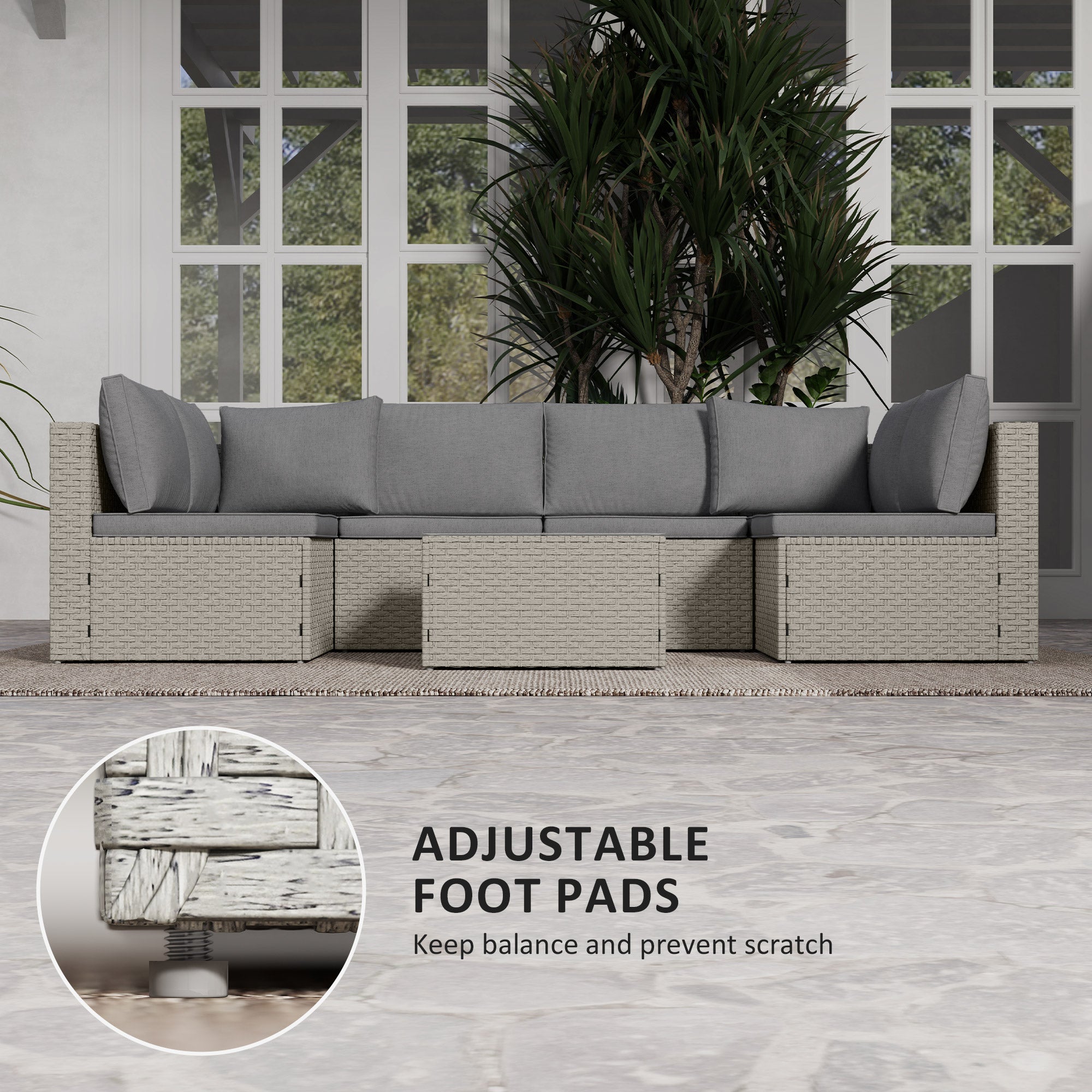Outsunny 7 Pieces Rattan Garden Furniture Set, 6 Seater Garden Corner Sofa with Wide Seat, Cushions and Glass Top Table, Sectional Outdoor Furniture Conservatory Set for Patio, Light Brown - North Peak Garden Furniture