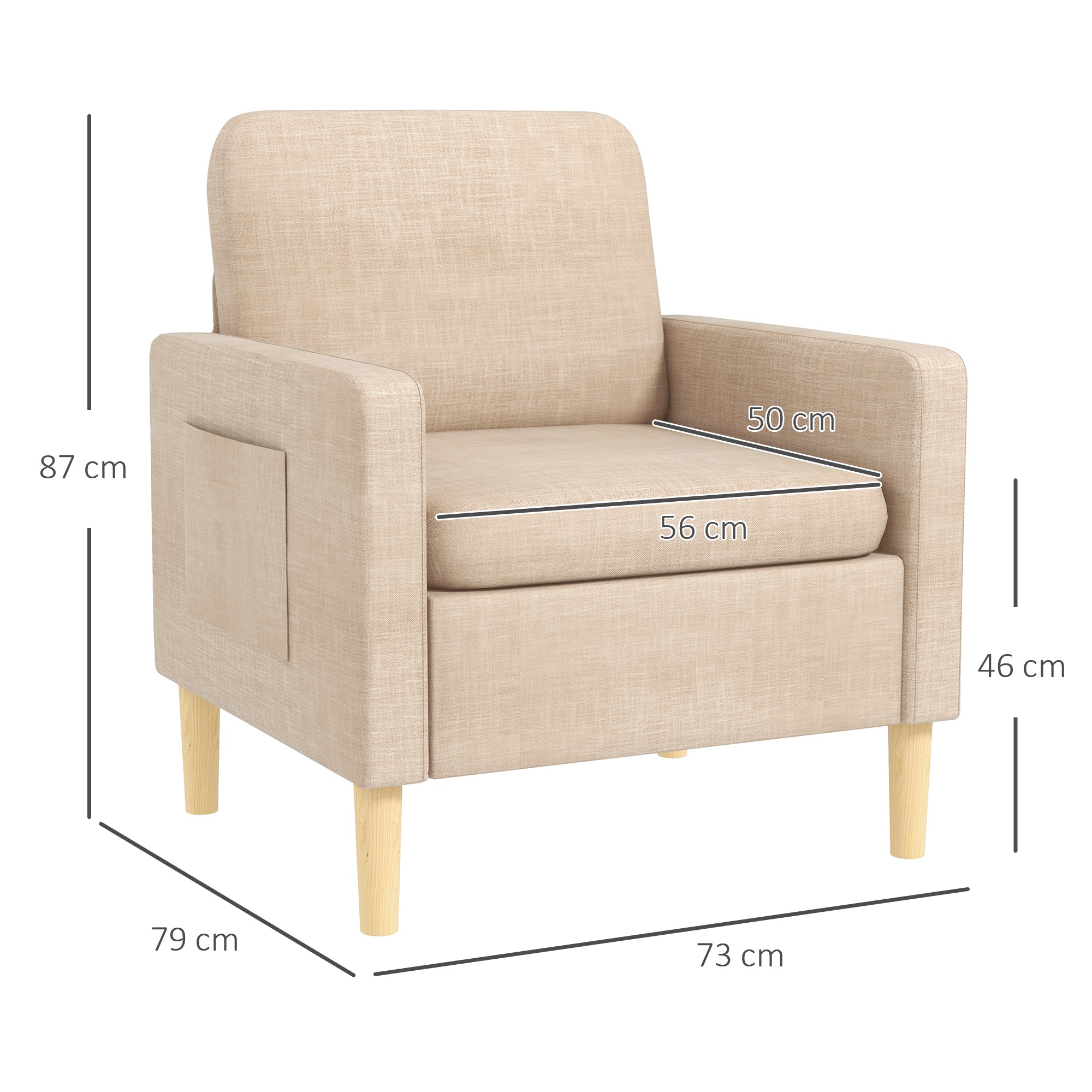HOMCOM Modern Accent Chair, Comfy Fireside Chair, Upholstered Armchair for Living Room, Bedroom, Home Office, Beige - North Peak Garden Furniture