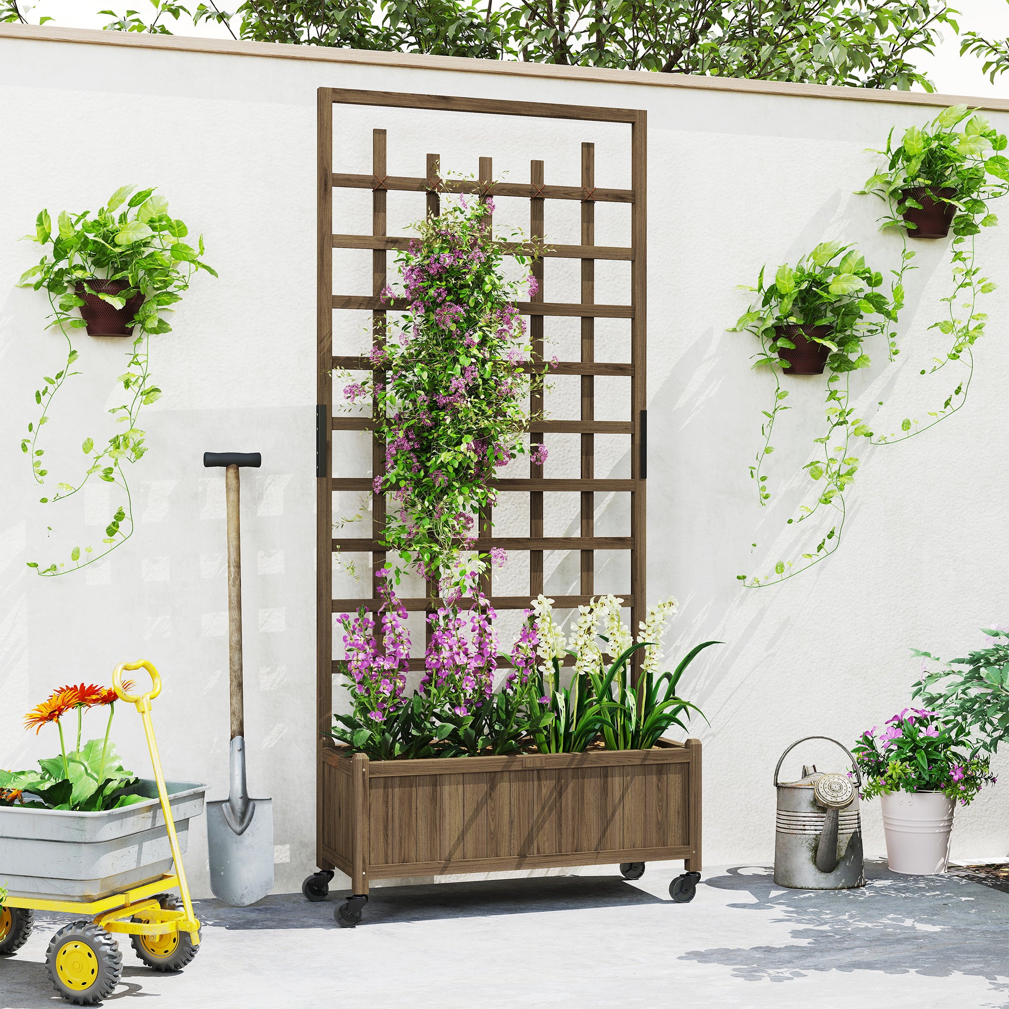 Outsunny Wooden Trellis Planter, Raised Garden Bed with Wheels and Bed Liner, to Climb and Grow Vegetables, Herbs and Flowers - North Peak Garden Furniture
