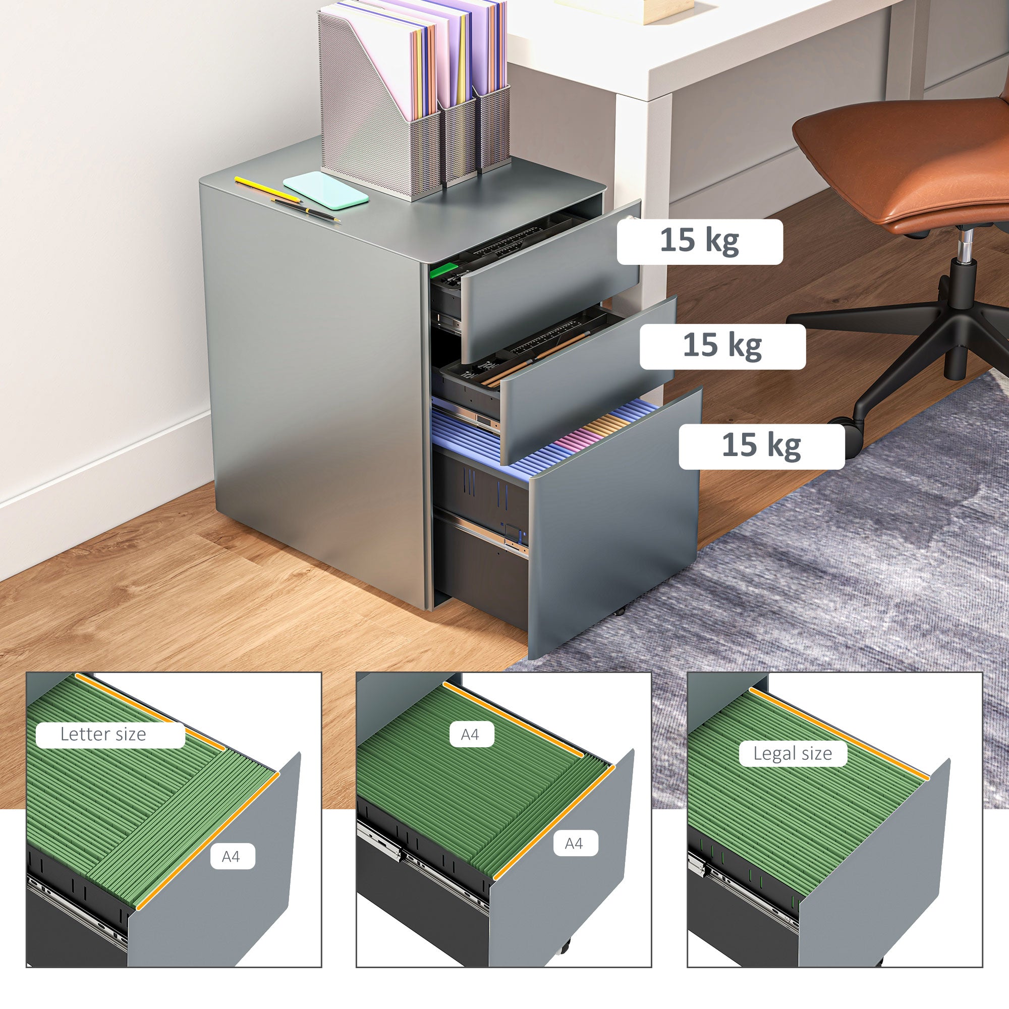 Vinsetto Lockable Cabinet, Rolling Filing Cabinet with 3 Drawers, Steel Office Drawer Unit for A4, Letter, Legal Sized Files - North Peak Garden Furniture
