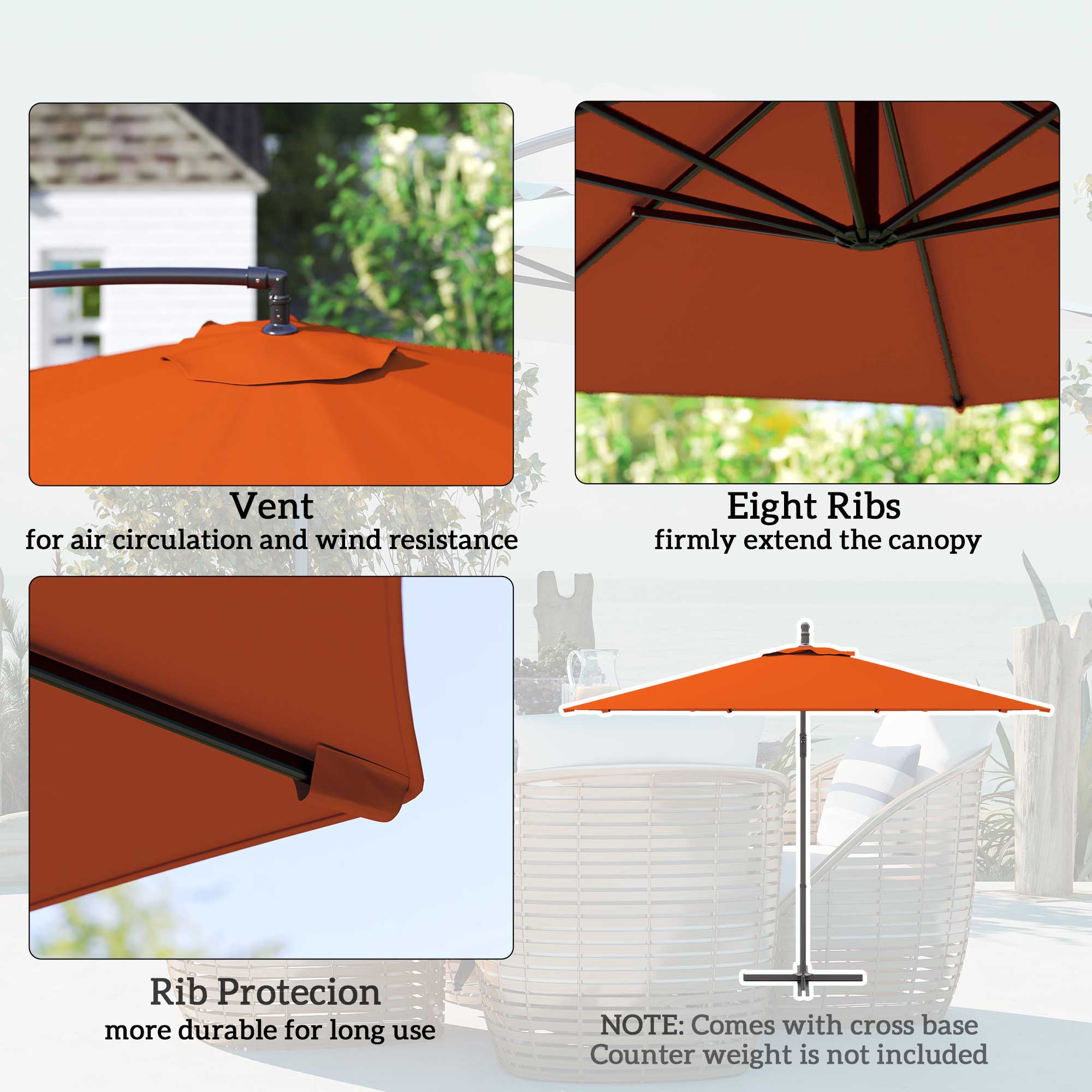 Outsunny 2.45m Overhanging Cantilever Parasol, with Cross Base - Orange - North Peak Garden Furniture