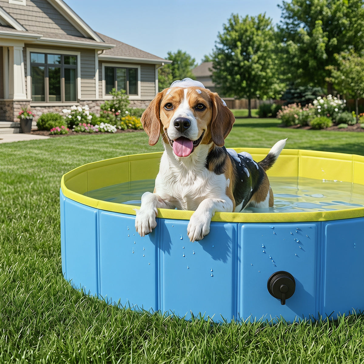 PawHut Foldable Dog Pool for Puppies and Ducks Dog Paddling Pool Bath Tub, Blue, 100 x 30 cm