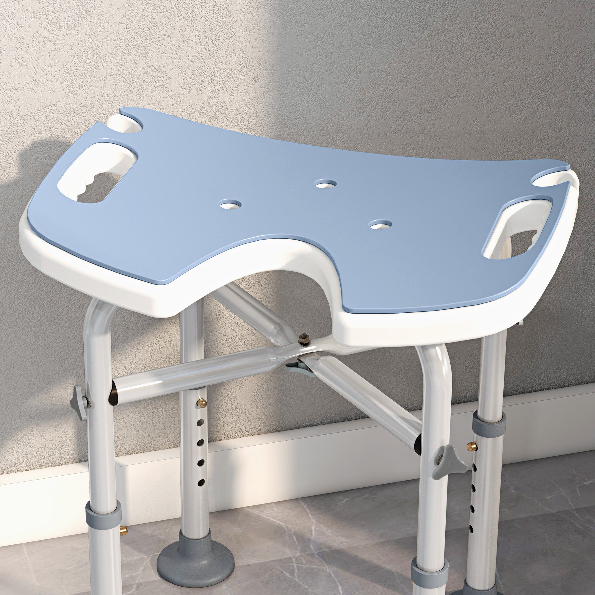 HOMCOM 39-51.5cm 'U' Seat Padded Shower Stool - Light Blue - North Peak Garden Furniture