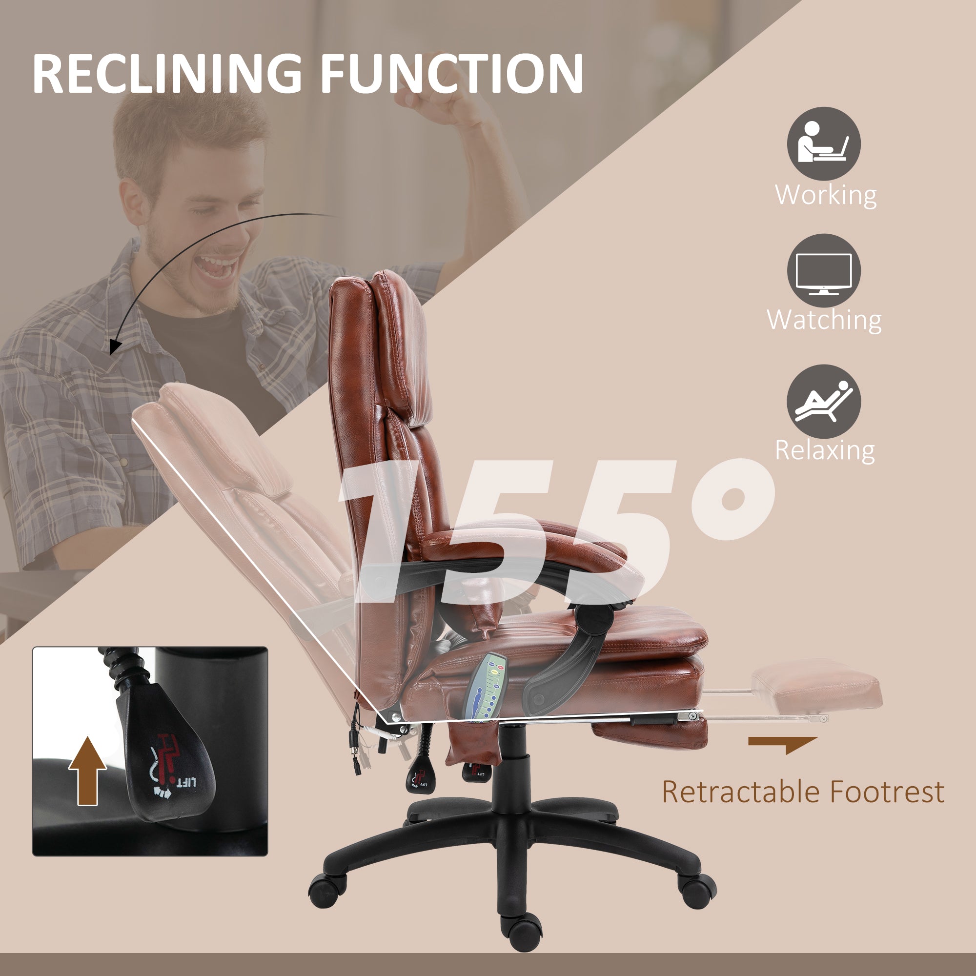 Vinsetto PU Leather Office Chair with 7 Point Vibrating Massage, Computer Desk Chair with Footrest, Adjustable Height, Reclining Back, Brown - North Peak Garden Furniture