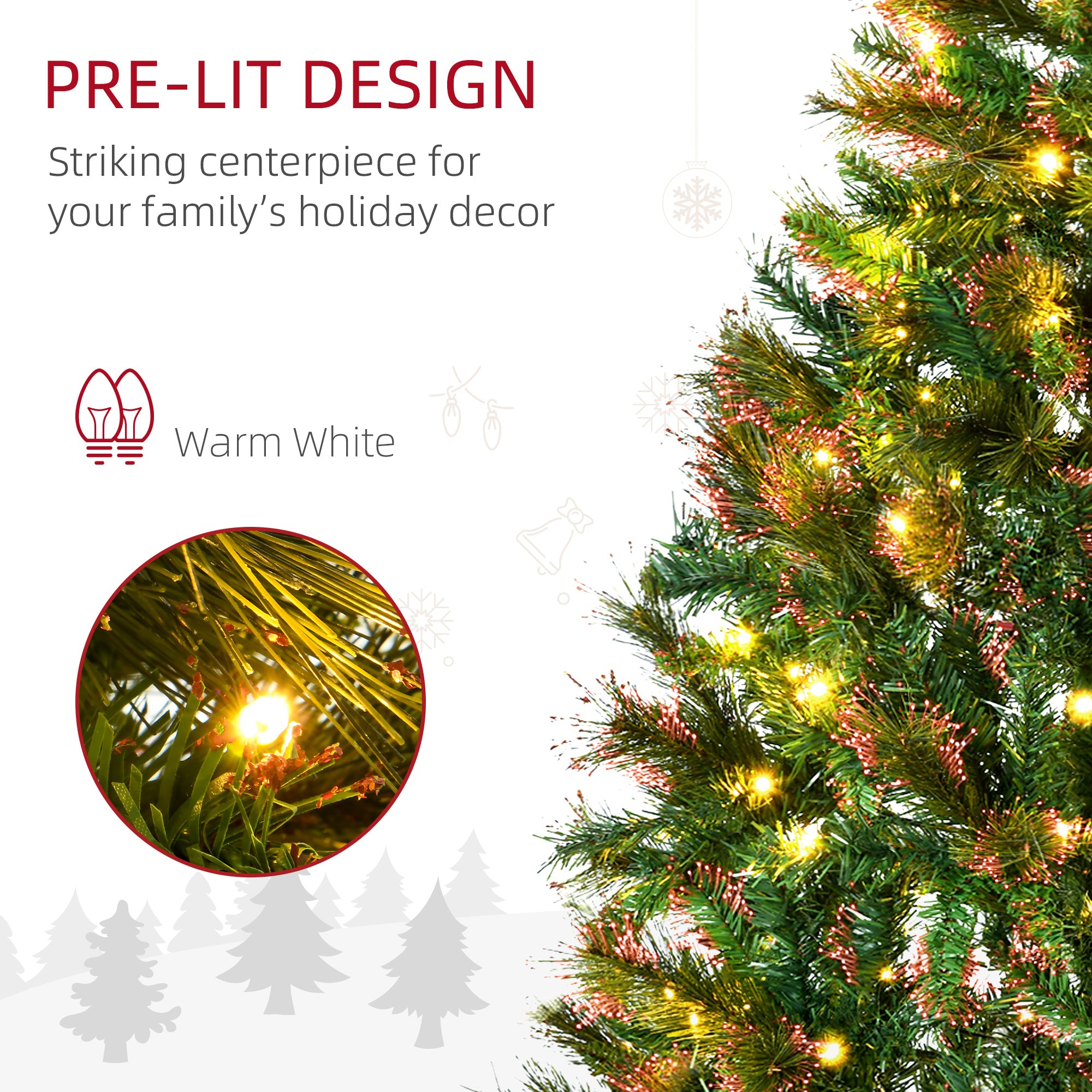 HOMCOM 1.5m 5ft Pre-Lit Christmas Tree Artificial Spruce Xmas Tree Warm White LED Holiday Décor with Metal Stand - North Peak Garden Furniture