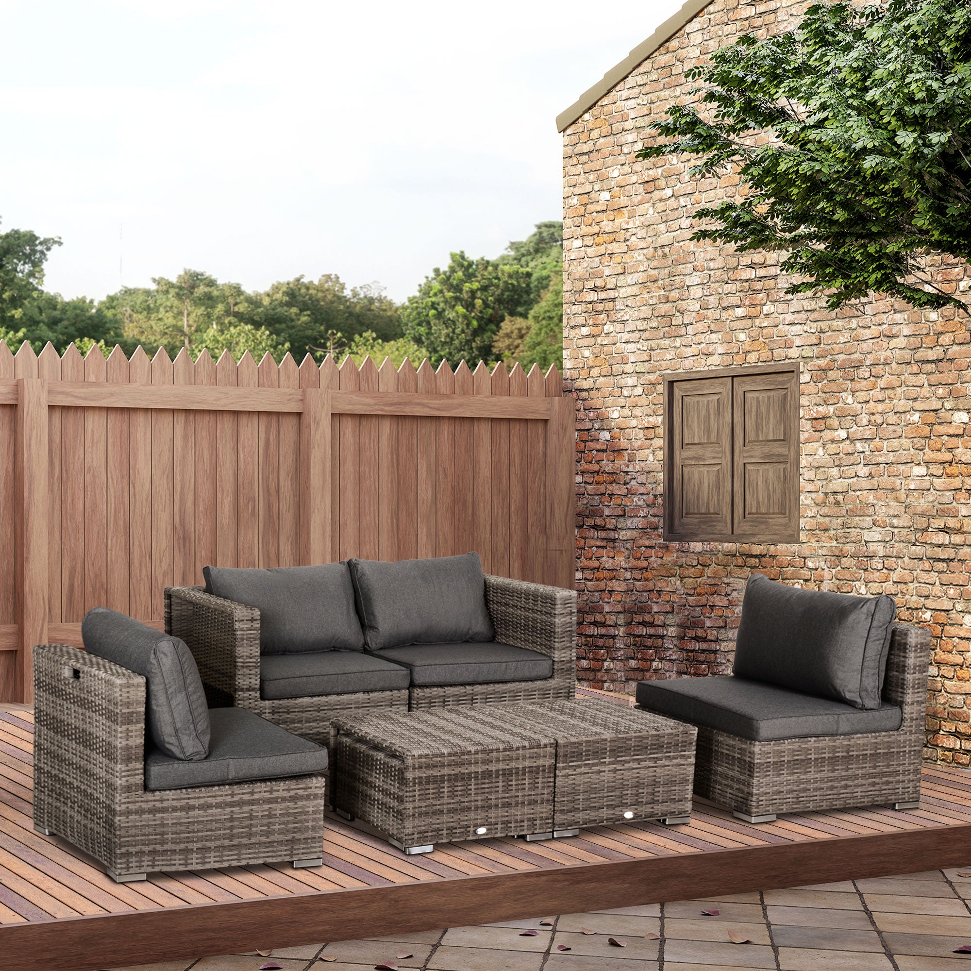 Outsunny 8 Pieces PE Rattan Sofa Set with Cushions, Garden Corner Sofa with 4 Seater Sofa, 2 Footstools and 2 Coffee Table Set, Space-saving Design, No Assembly Required, Grey - North Peak Garden Furniture