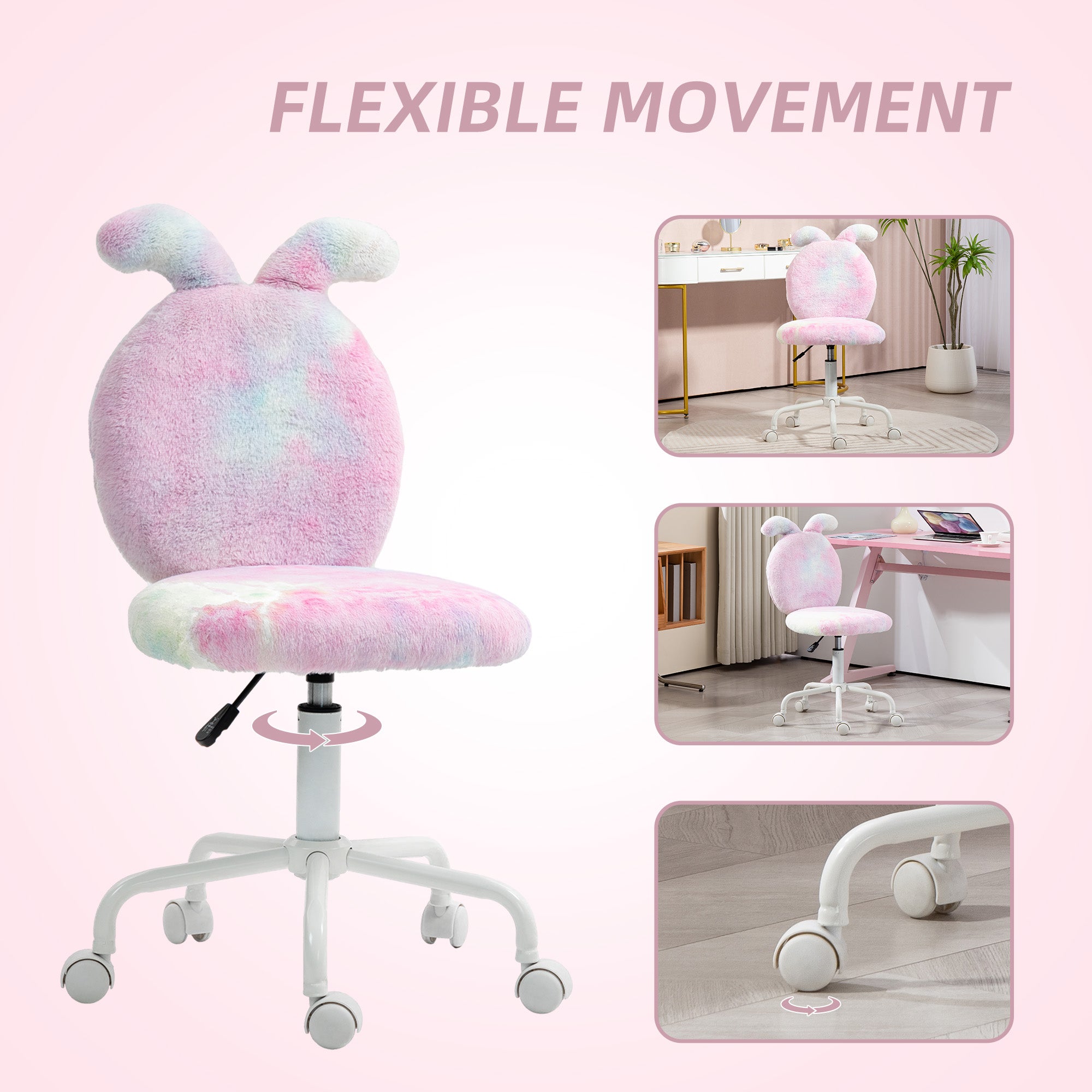 HOMCOM Fuzzy Office Chair with Bunny Ears, Faux Fur Swivel Desk Chair, Armless Makeup Vanity Chair with Adjustable Height for Bedroom, Study Room, Colourful - North Peak Garden Furniture