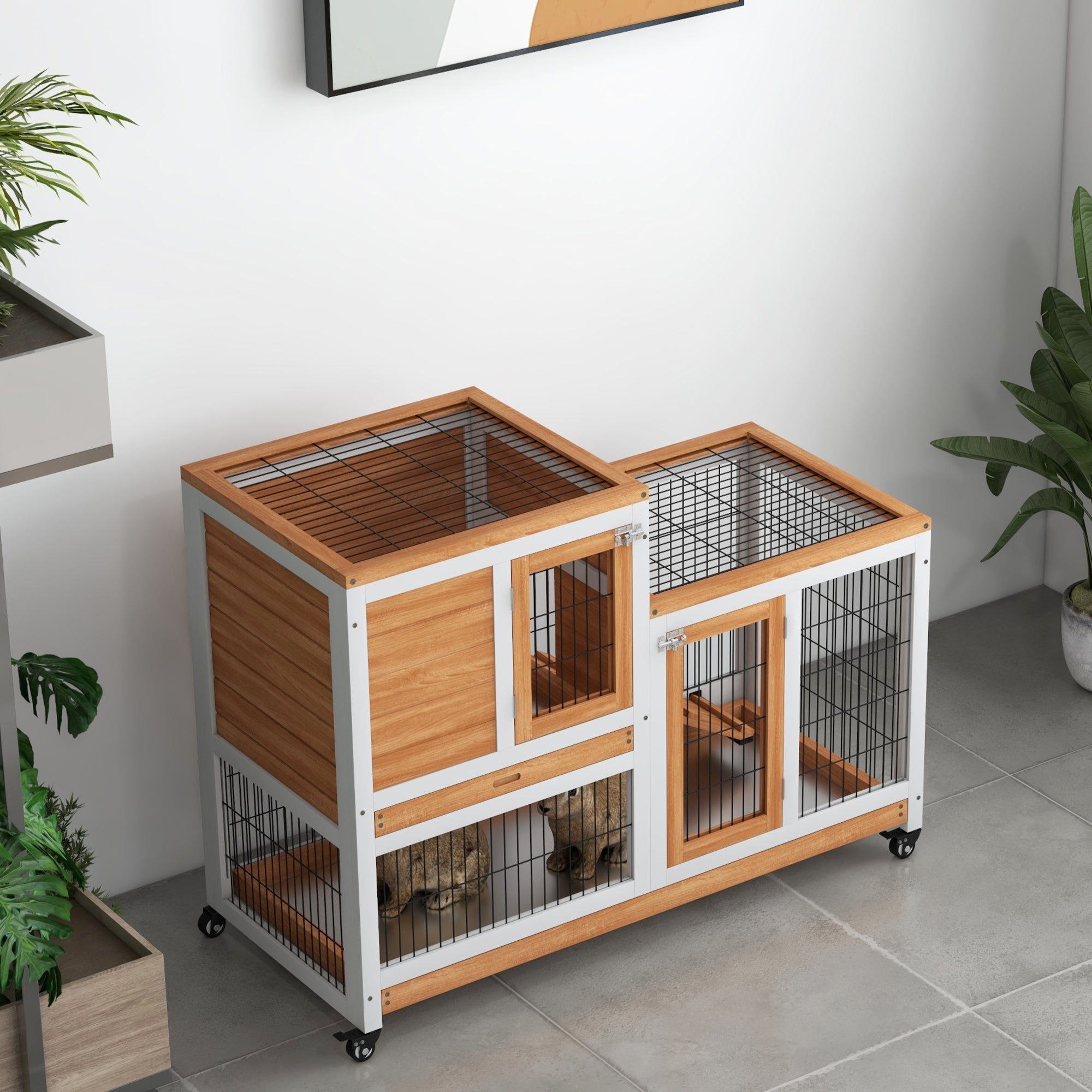 PawHut Wooden Indoor Hutch Elevated Cage w/ Wheel, Run, Yellow - North Peak Garden Furniture