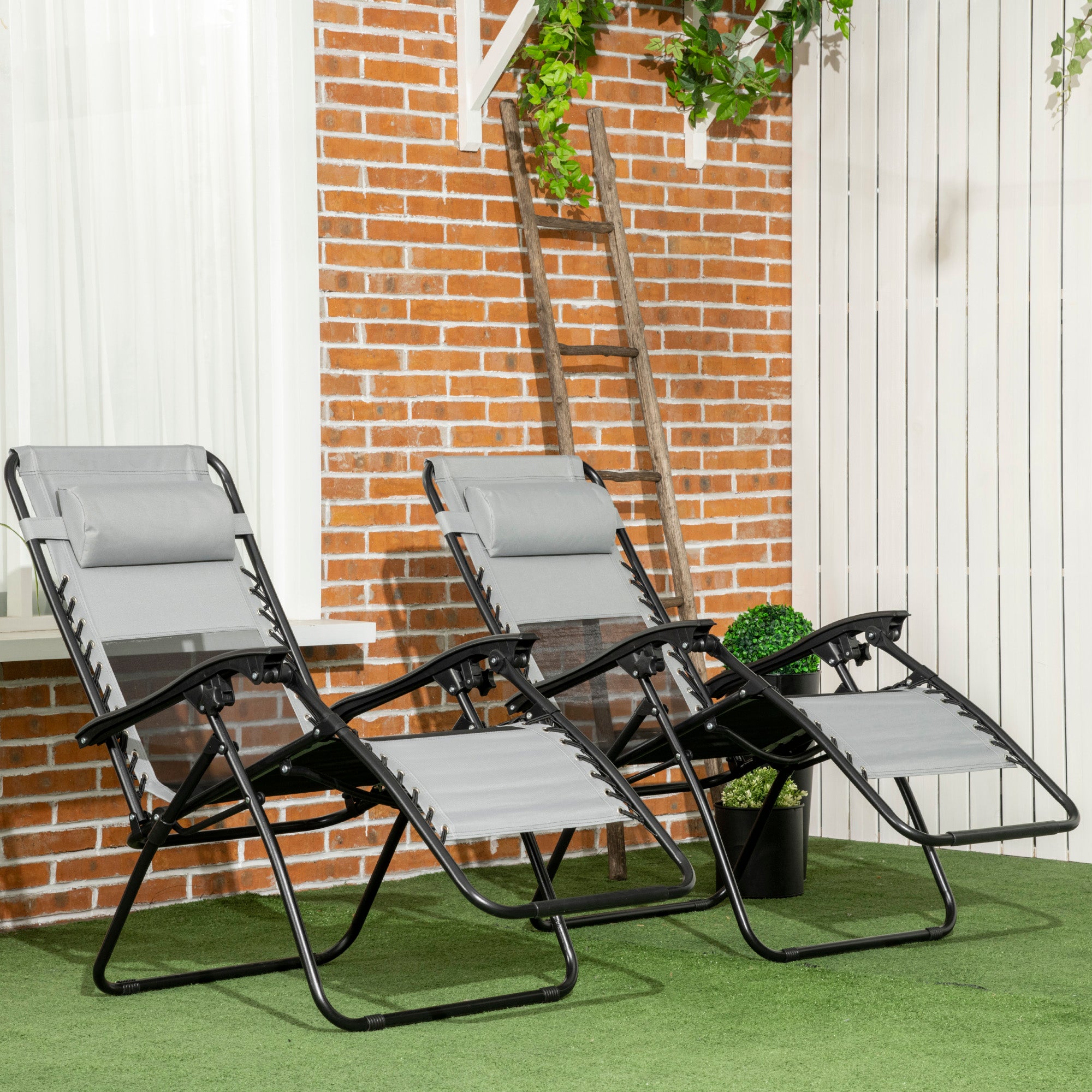 Outsunny Garden Recliner Chairs Set of 2, Outdoor Foldable Zero Gravity Chairs Set w/ Footstool and Detachable Headrest, Grey - North Peak Garden Furniture