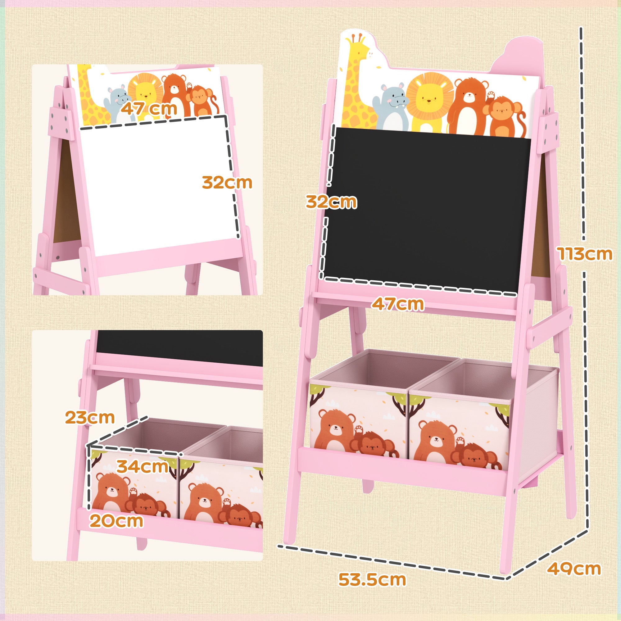 AIYAPLAY 2 in 1 Kids Easel with Whiteboard, Chalkboard, Storage Boxes, for 3-8 Years, Pink