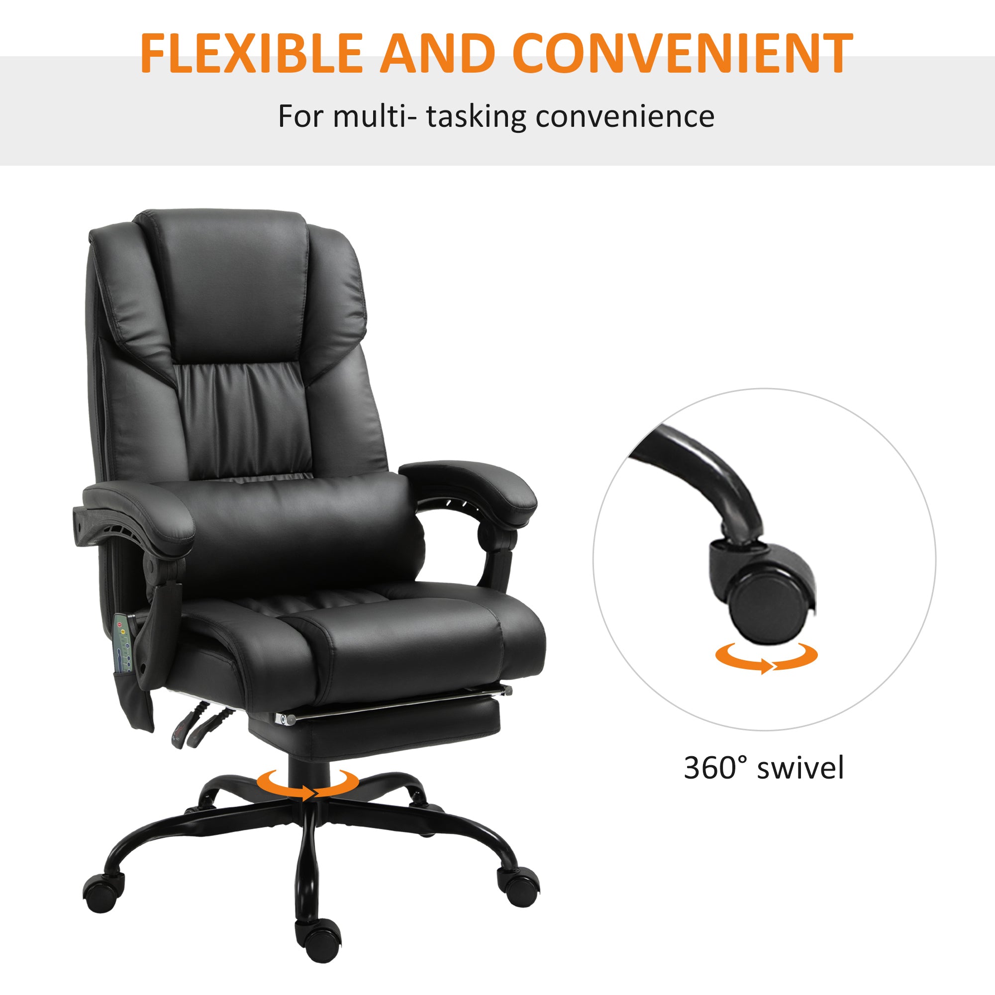 Vinsetto 6-Point Massage Office Chair, PU Leather Desk Chair with Adjustable Height and Footrest for Home Office, Black - North Peak Garden Furniture