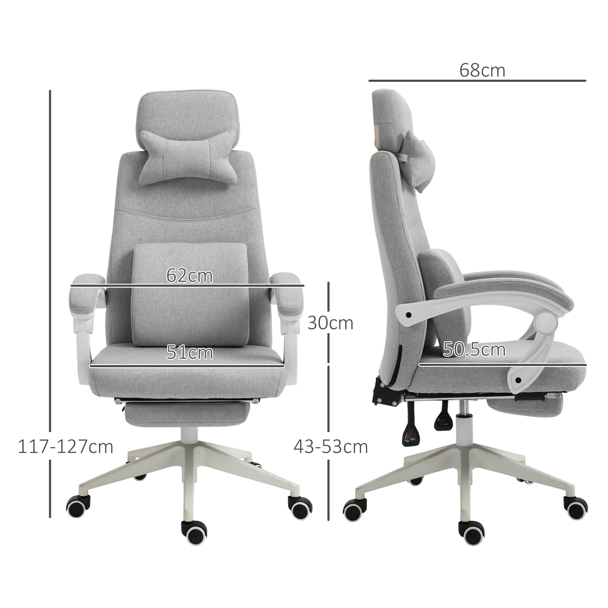 Vinsetto Office Chair, Ergonomic Desk Chair, High Back Fabric Work Chair with 160° Reclining Backrest, Retractable Footrest, Neck and Lumbar Pillow for Home and Study, Grey - North Peak Garden Furniture