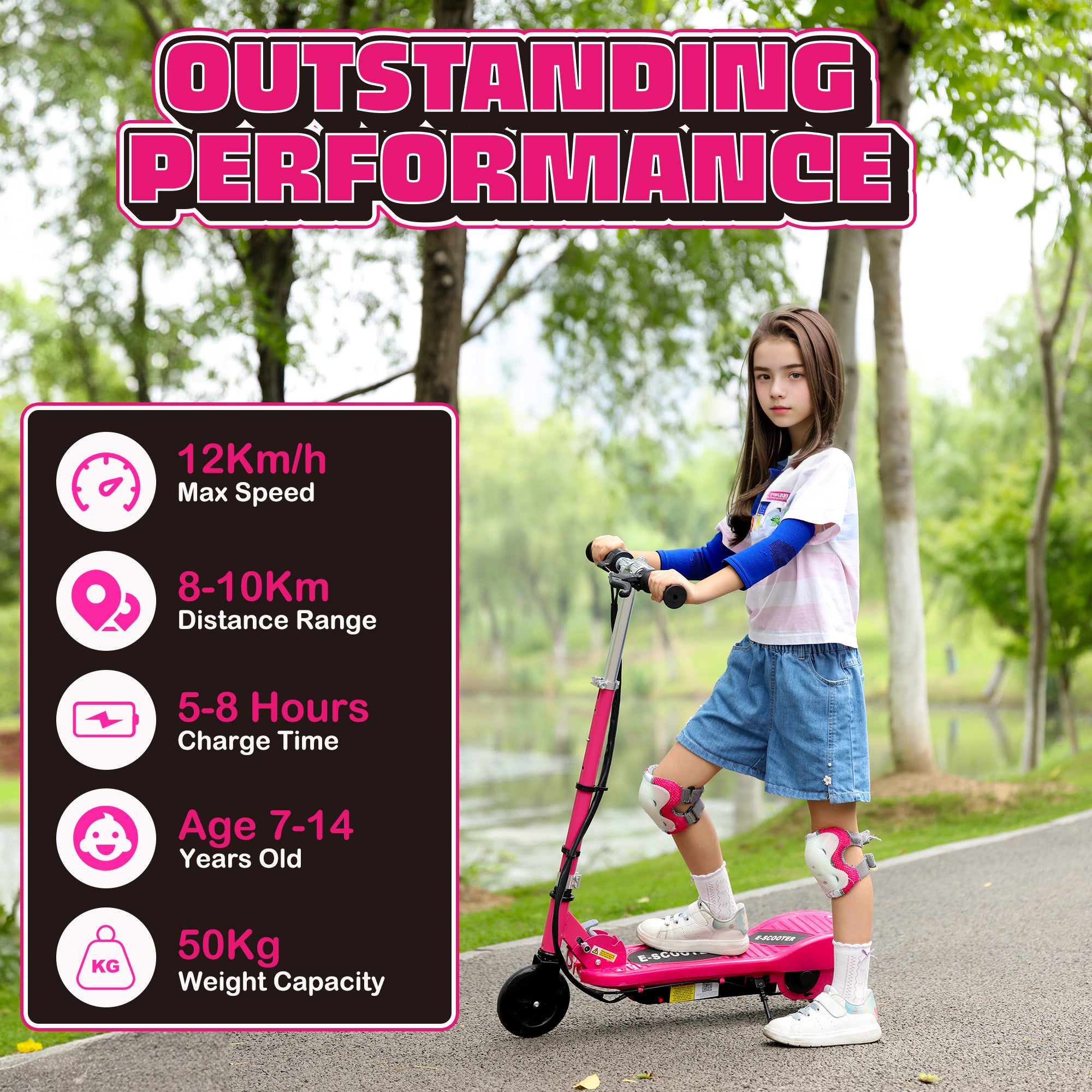 HOMCOM Folding Electric Kids Scooter Ride on Age 7-14, Pink - North Peak Garden Furniture