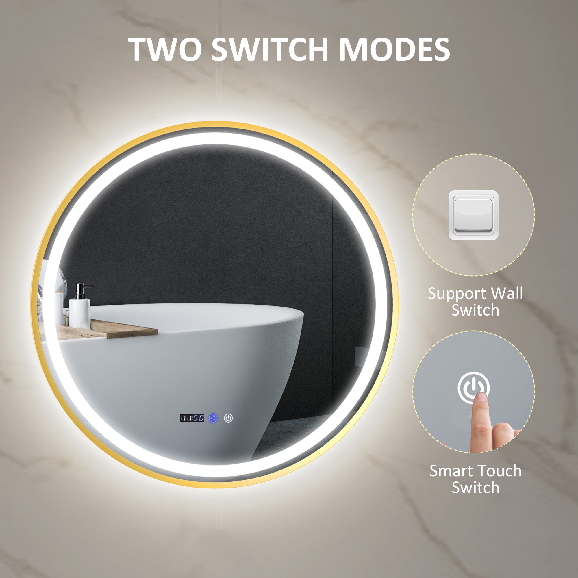 HOMCOM Round Bathroom Mirror with LED Lights, 800mm Backlit Illuminated Bathroom Mirror, Dimmable Wall Mounted Vanity Mirror with Demister Pad, Touch Switch, Time and Temp Display, Gold Tone - North Peak Garden Furniture