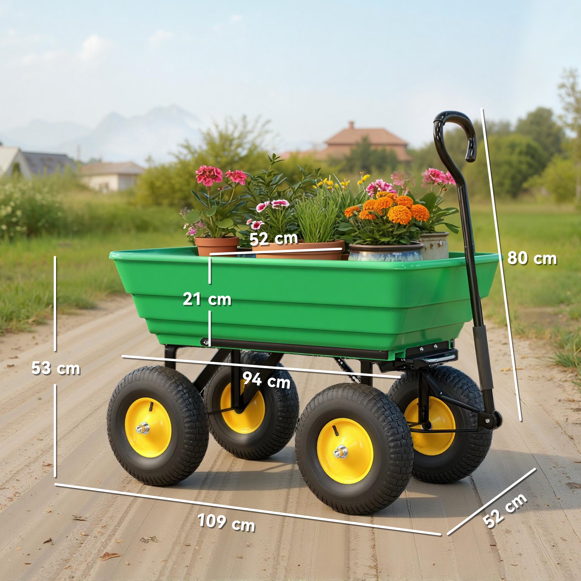 Outsunny 75 Litre Large Garden Cart Heavy Duty 4 Wheel Trolley Dump Wheelbarrow Tipping Truck Trailer - Green