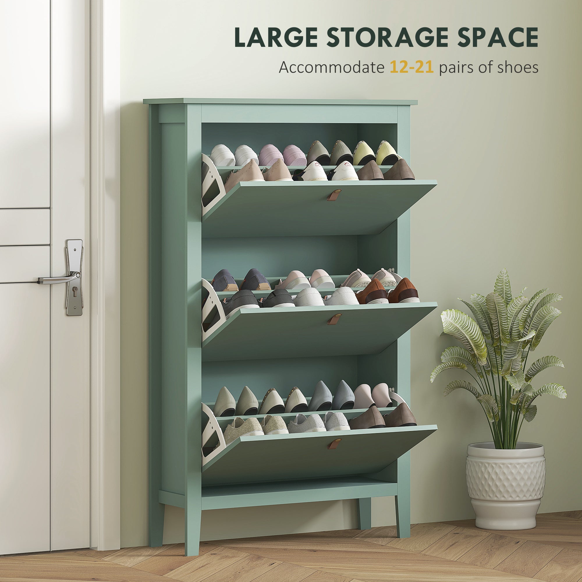HOMCOM Modern Three-Drawer Shoe Cabinet - Green - North Peak Garden Furniture