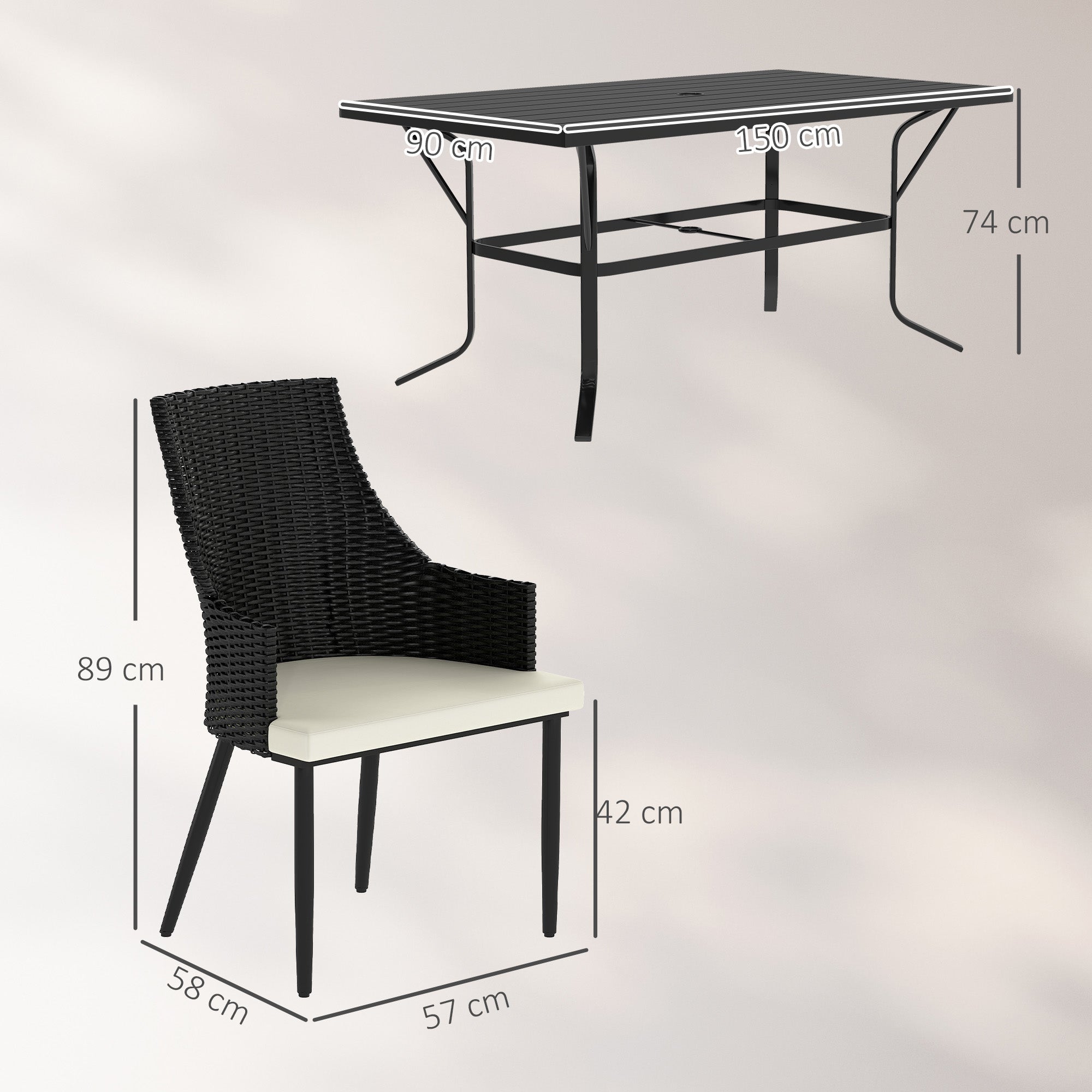 Outsunny 6 Seater Rattan Dining Set with Cushions, Garden Furniture Set with Armchairs, Rectangle Slatted Table Top, Steel Frame, Parasol Hole, Wicker Outdoor Furniture for Patio, Balcony, Cream White - North Peak Garden Furniture