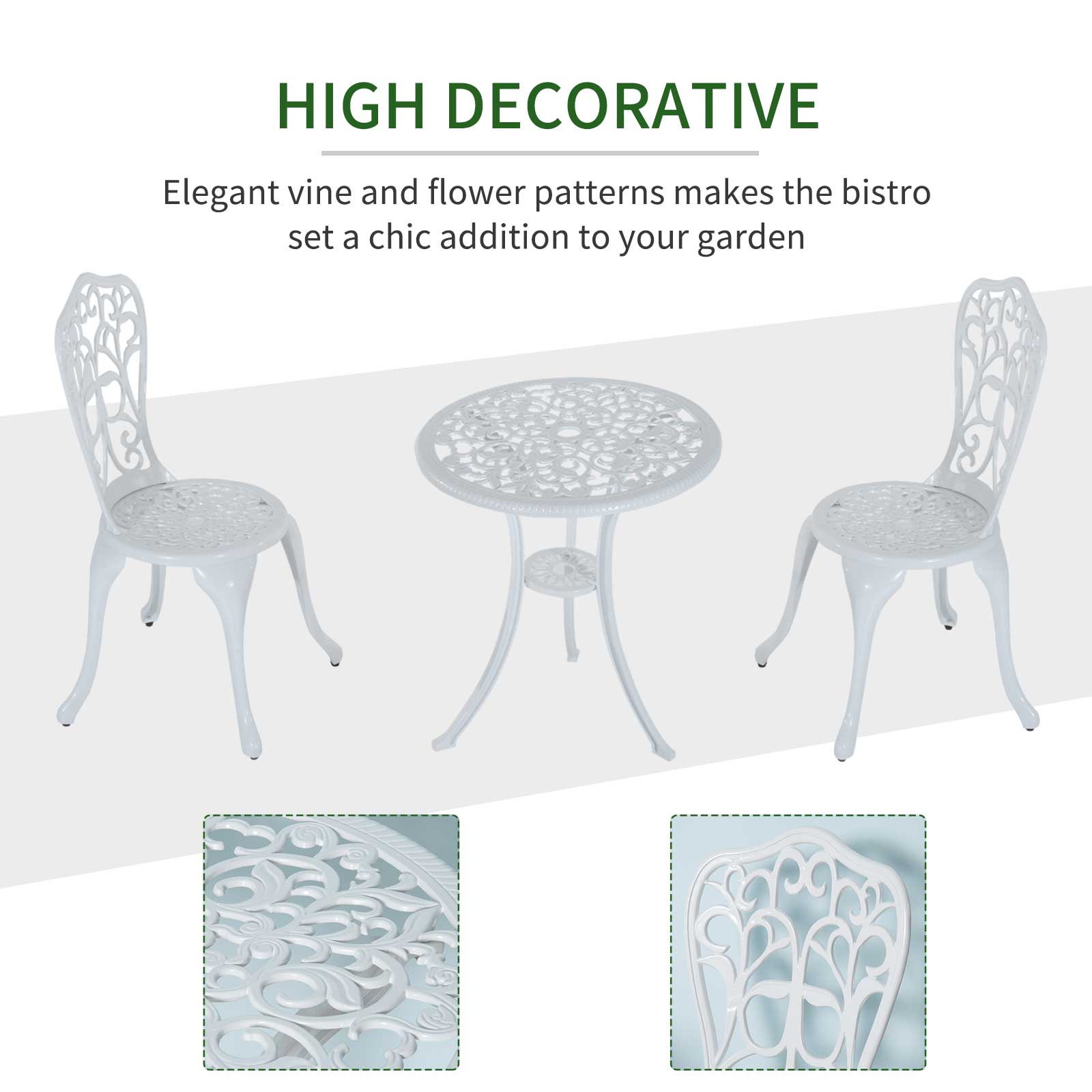 Outsunny 3 Pieces Antique Garden Bistro Set for 2, Cast Aluminium Garden Furniture Set with Umbrella Hole, White - North Peak Garden Furniture