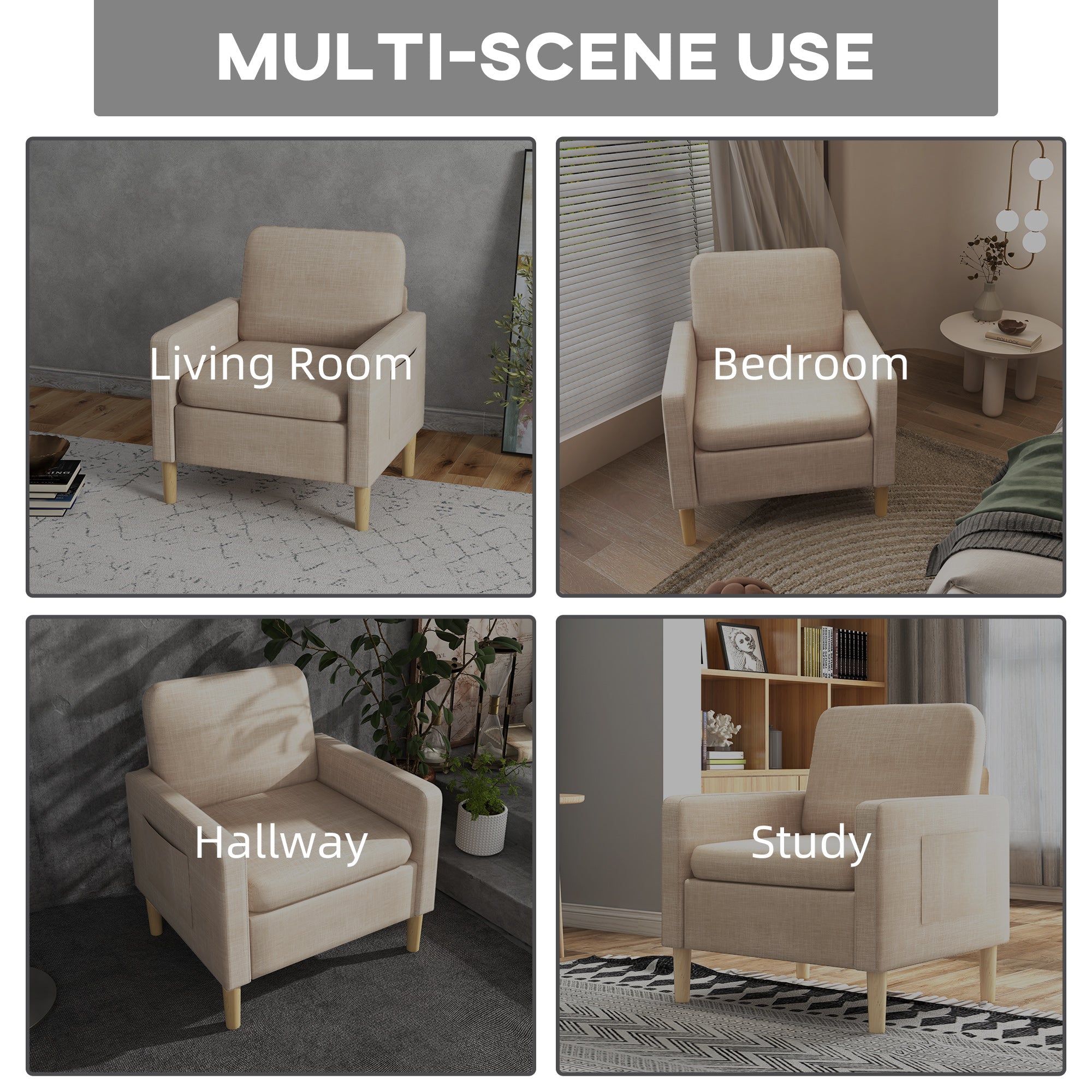 HOMCOM Modern Accent Chair, Comfy Fireside Chair, Upholstered Armchair for Living Room, Bedroom, Home Office, Beige - North Peak Garden Furniture