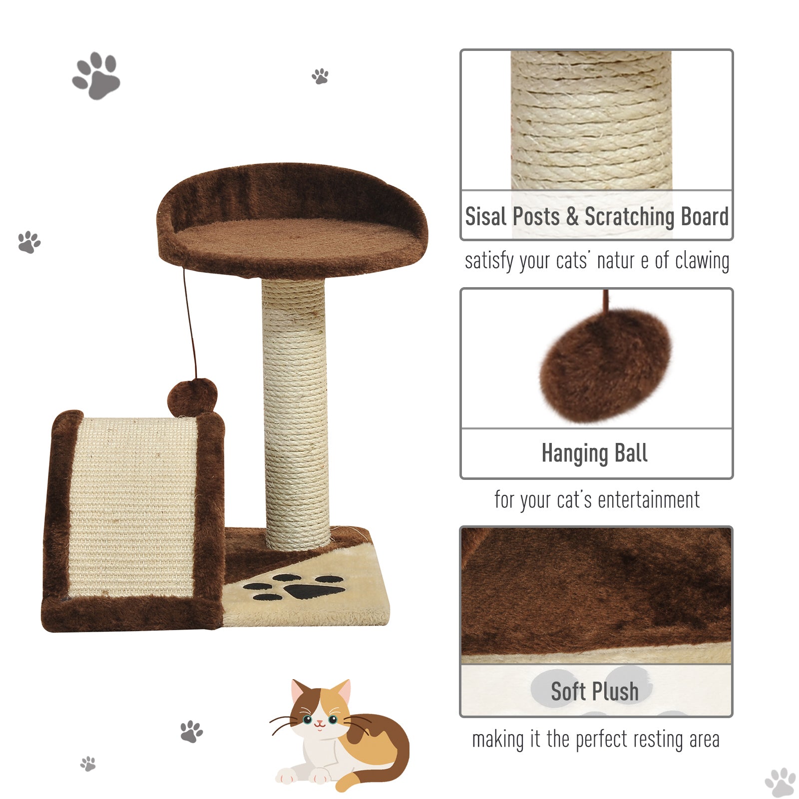 PawHut Cat Tree Scratching Scratcher Post Kitten Activity Centre Climber Hanging Ball Brown - North Peak Garden Furniture