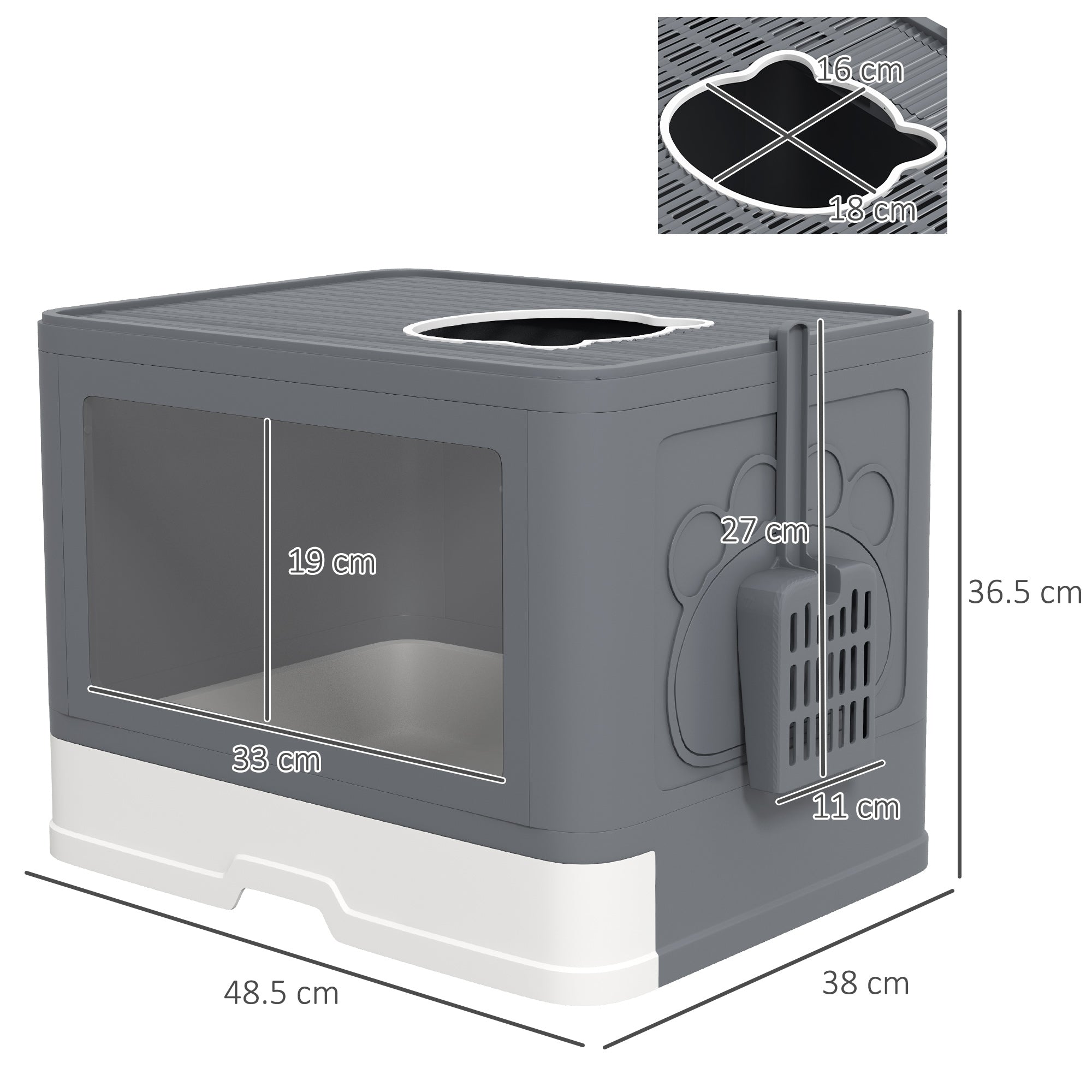 PawHut Enclosed Cat Litter Box with lid, Front Entry, Top Exit, Drawer, Tray, Scoop, Brush, 48.5 x 38 x 36.5cm - Grey - North Peak Garden Furniture