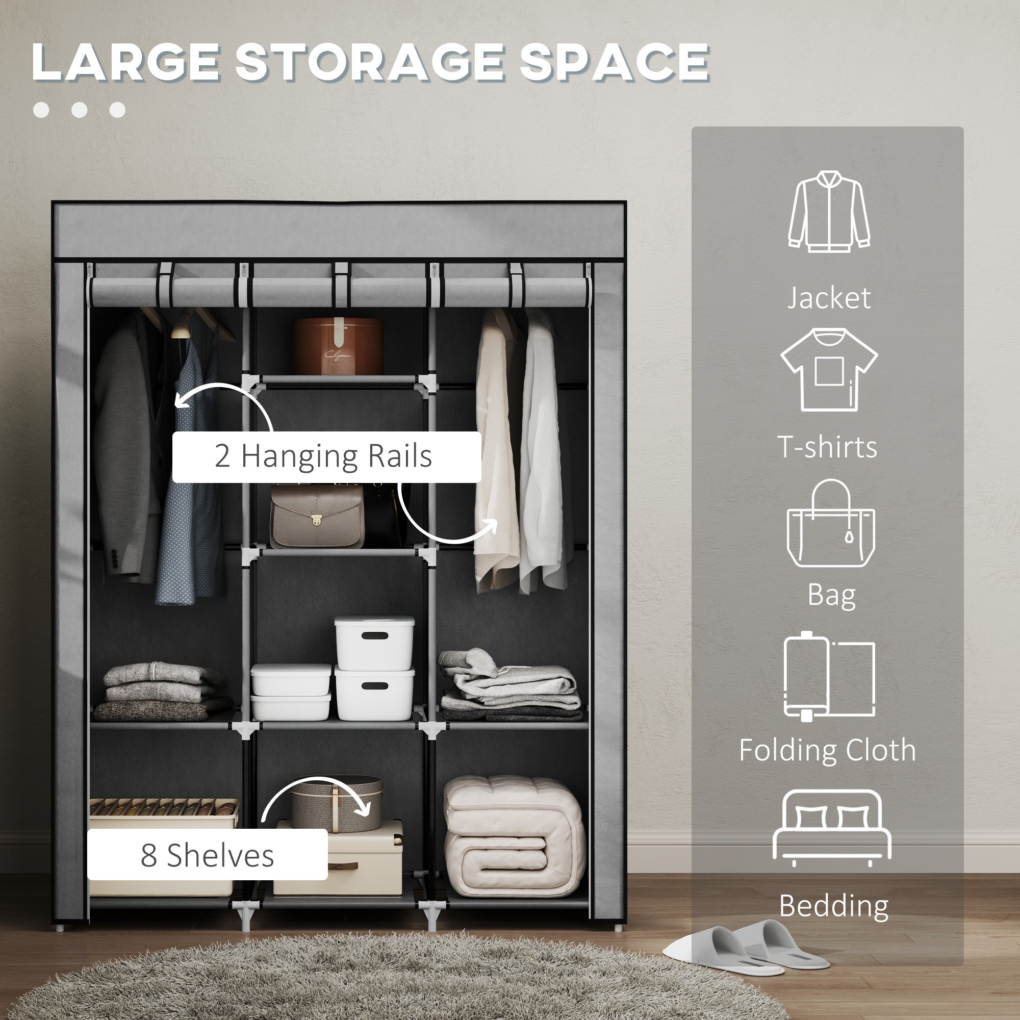 HOMCOM Fabric Wardrobe, Portable Wardrobe, Clothes Storage Unit with 8 Shelves, 2 Hanging Rods, 125 x 43 x 162.5 cm, Light Grey - North Peak Garden Furniture