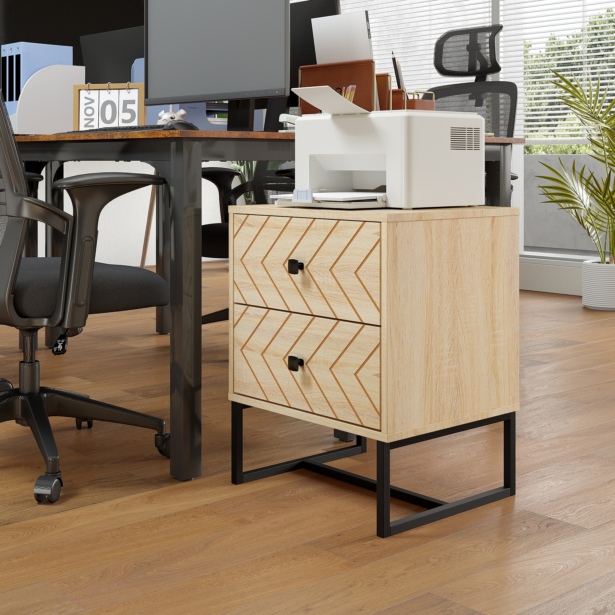 HOMCOM Bedside Table Nightstand Two-Drawer Bedroom Storage Unit Zig Zag Design with Black Metal Handles, Natural