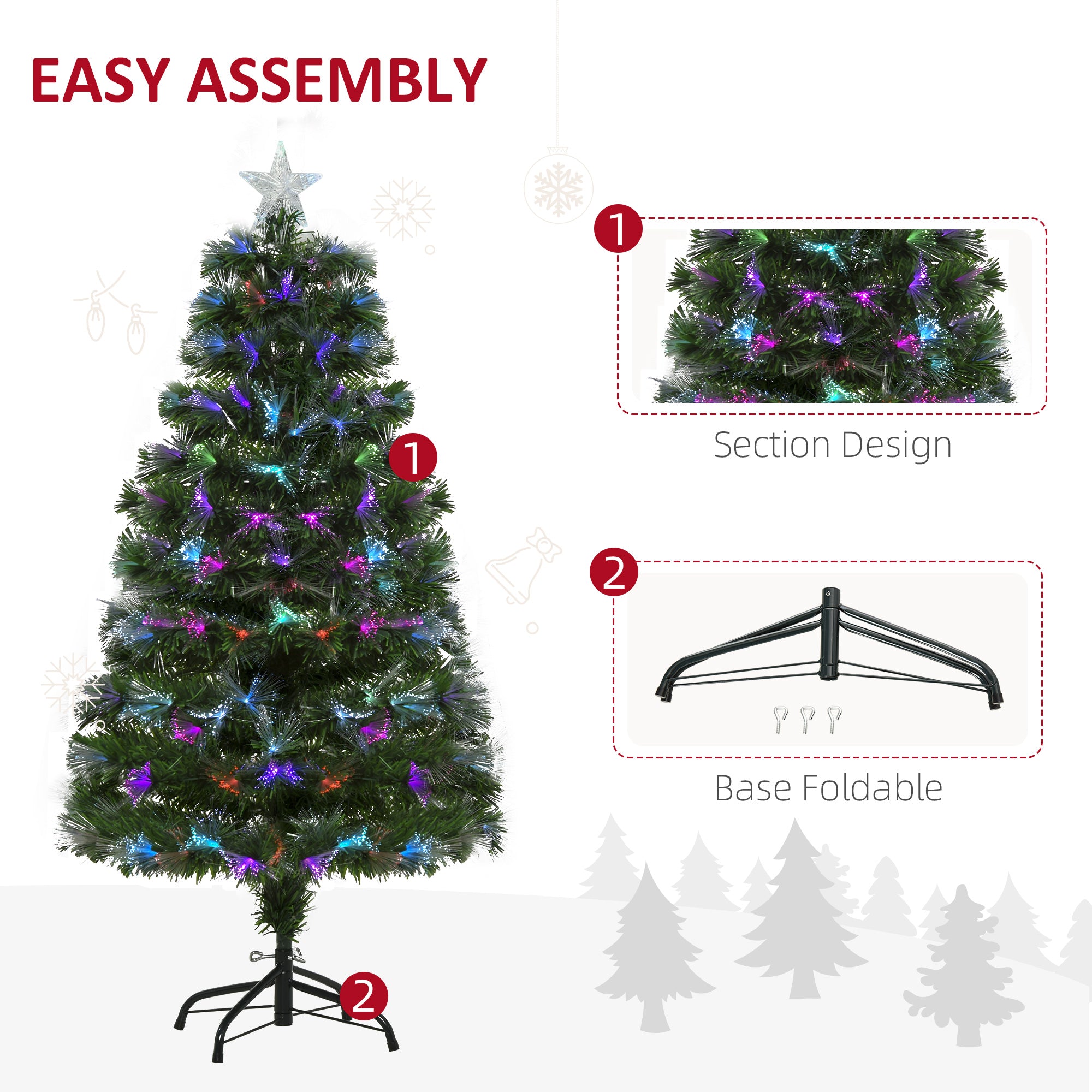 HOMCOM 4FT Multicoloured Artificial Christmas Tree w/ Fibre Optic Lights Pre-Lit Modes Metal Stand Star Holder Home Seasonal Decoration - North Peak Garden Furniture