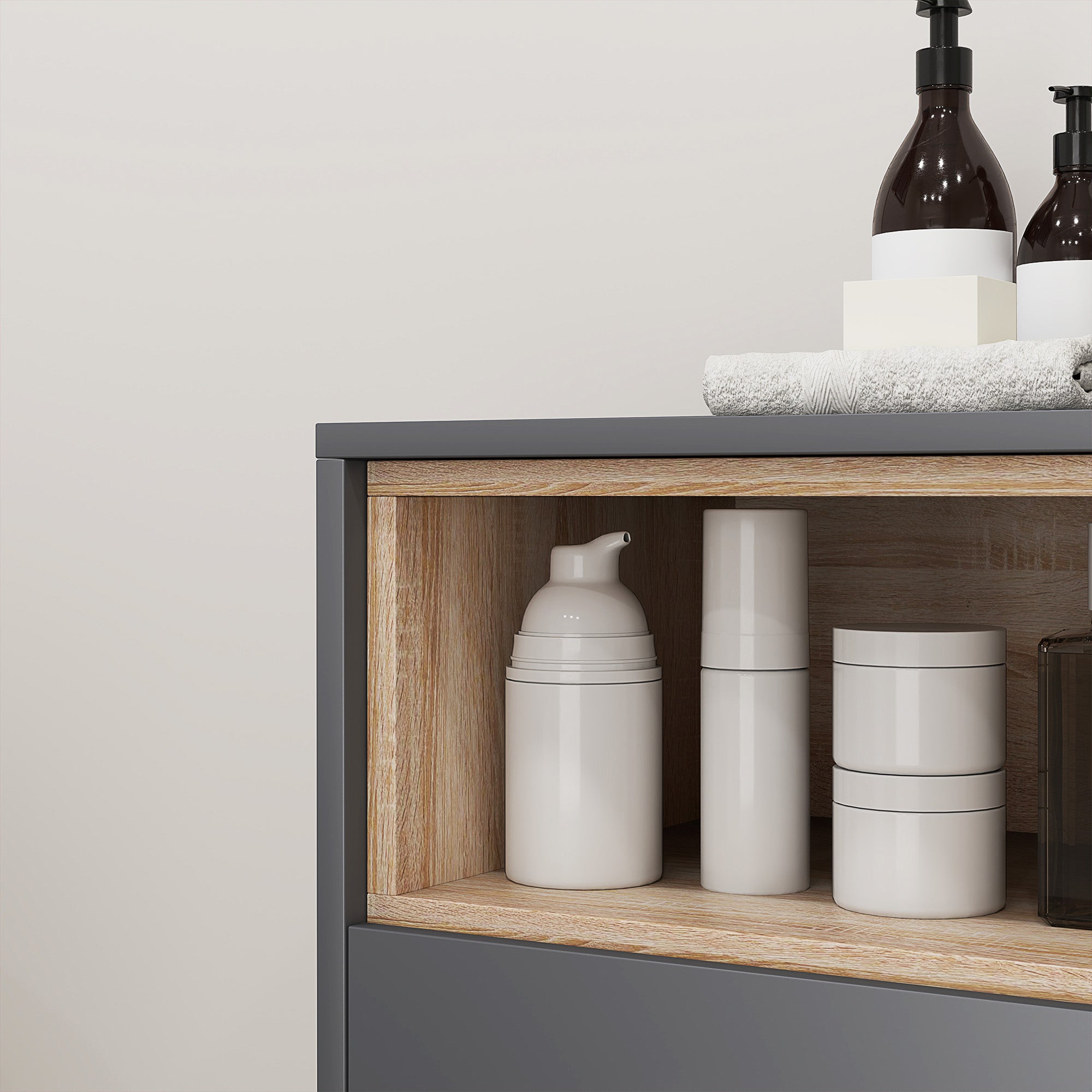 HOMCOM Freestanding Bathroom Cabinet, Bathroom Storage Unit, Bathroom Storage Cabinet with Open Compartments and Double Doors - North Peak Garden Furniture