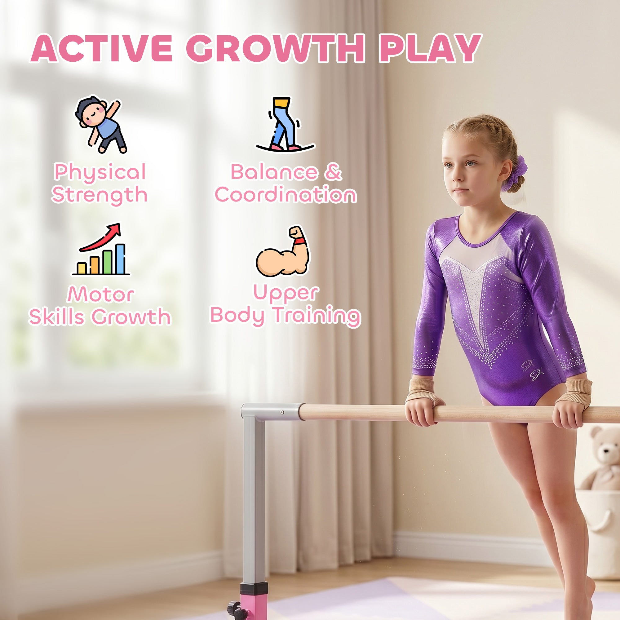 HOMCOM Height Adjustable Gymnastics Horizontal Bar For Kids Home Gym Training Children Junior Kip High Bar Fitness Pink