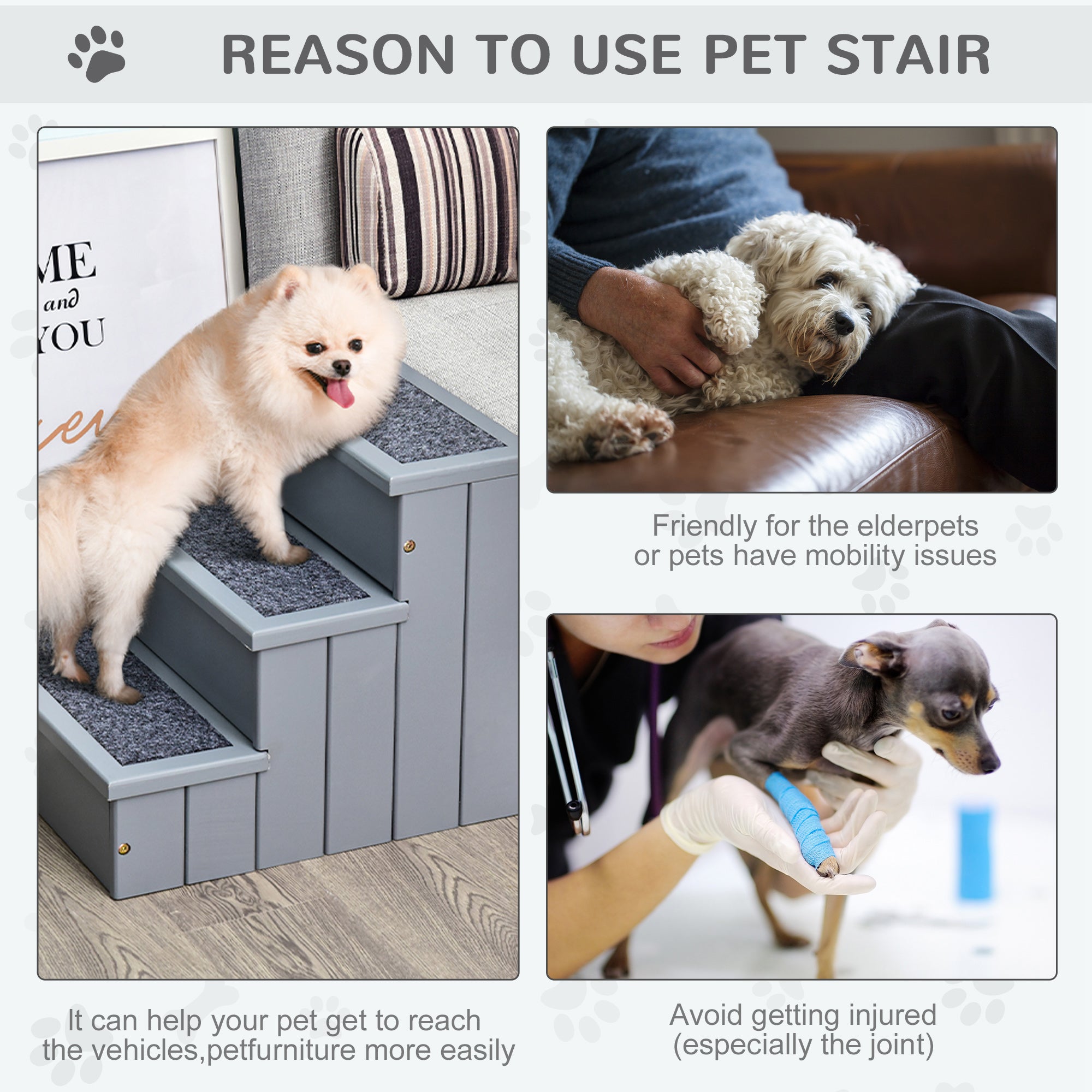 PawHut 3 Step Wooden Dog Steps Pet Stairs for Dogs, Cat Ladder for Bed Couch with Storage Grey - North Peak Garden Furniture