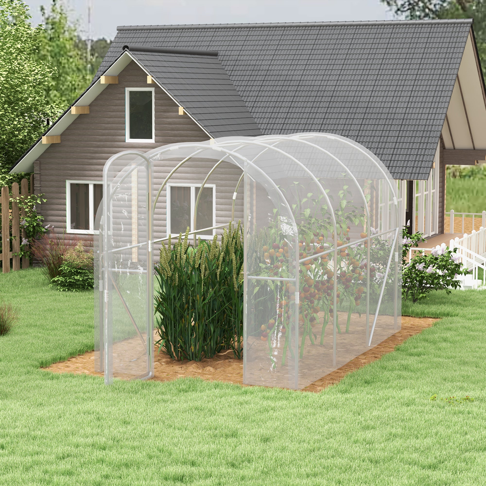 Outsunny Polytunnel Greenhouse Walk-in Grow House with PE Cover, Door and Galvanised Steel Frame, 3 x 2 x 2m, Clear