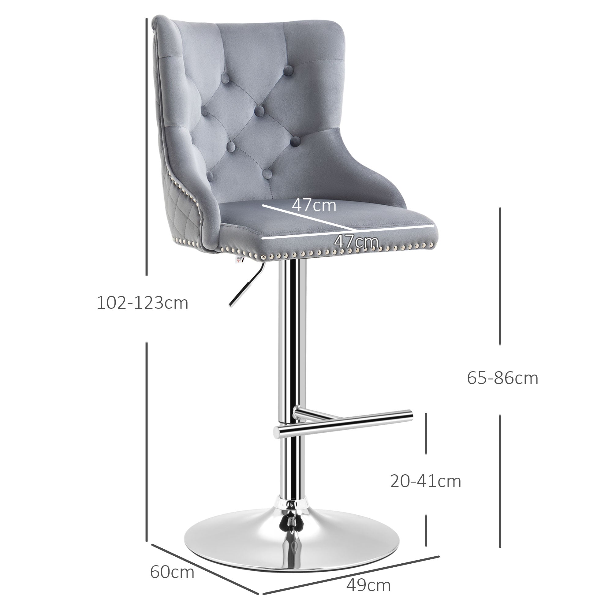 HOMCOM Modern Adjustable Bar Stools Set of 2, Swivel Velvet Barstools with Button Tufted Back, Footrest, Nailhead Trim for Home Bar, Grey - North Peak Garden Furniture