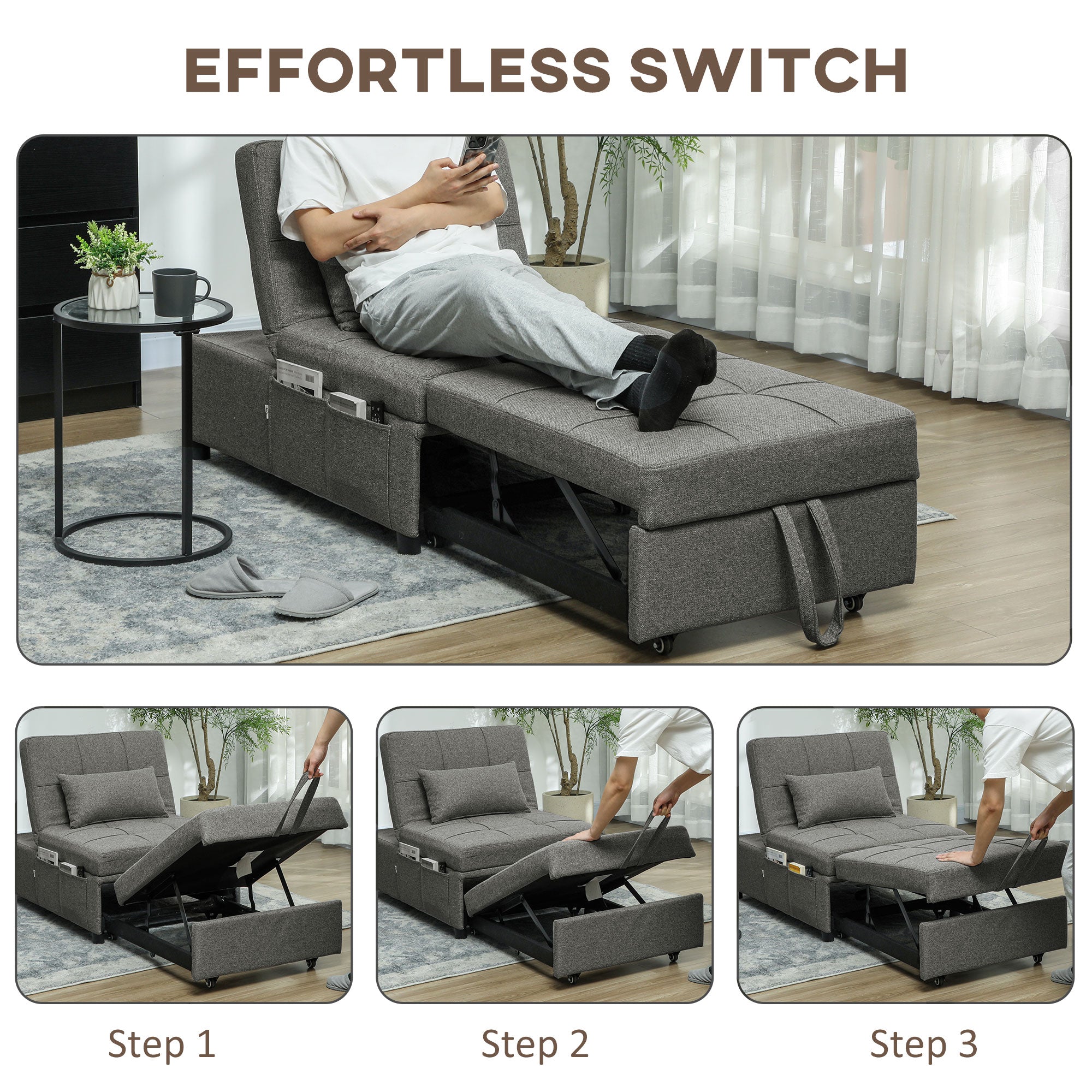 HOMCOM Four-In-One Single Sleeper Chair - Dark Grey - North Peak Garden Furniture